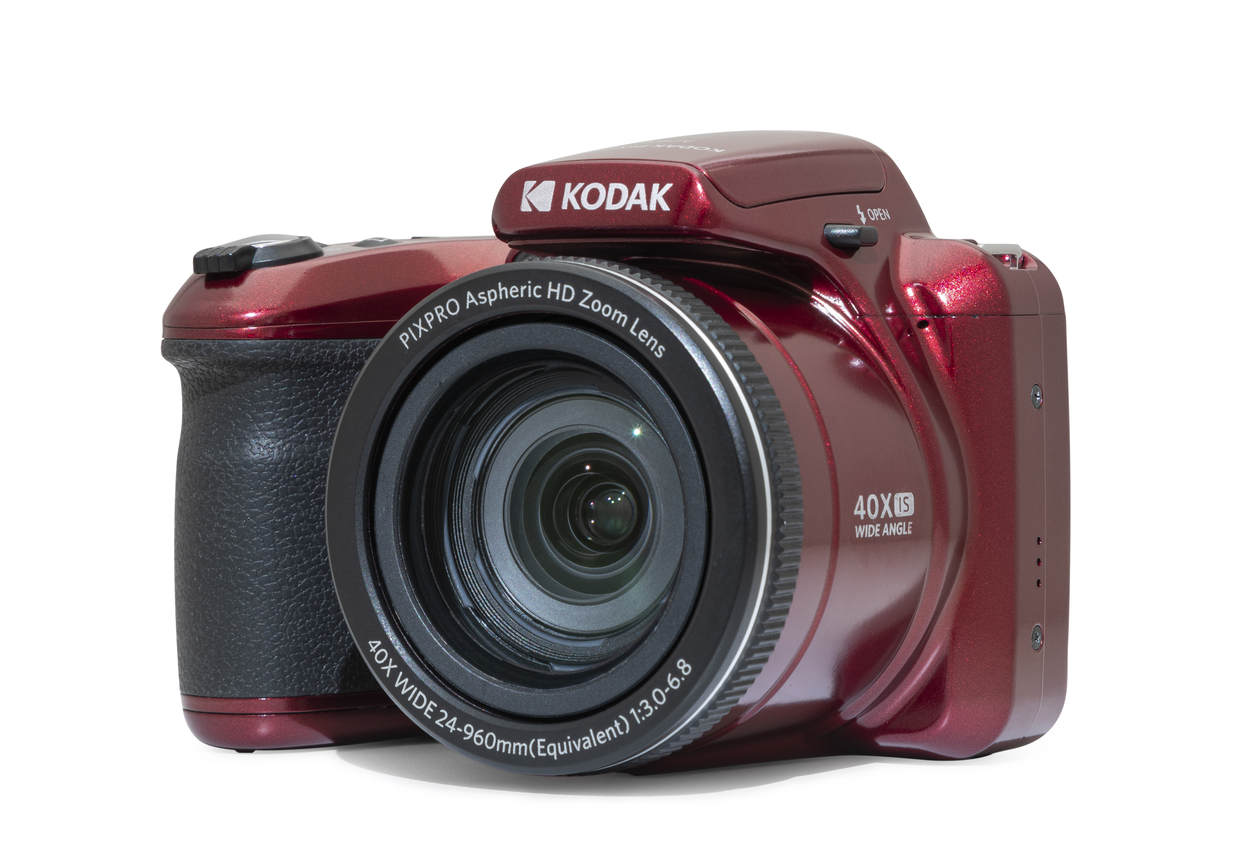 Kırmızı bir Kodak Pixpro kamera ortalanmış, siyah bir tutma yeri ve mercekle. Kamerada 40x zoom ve geniş açılı lens var.