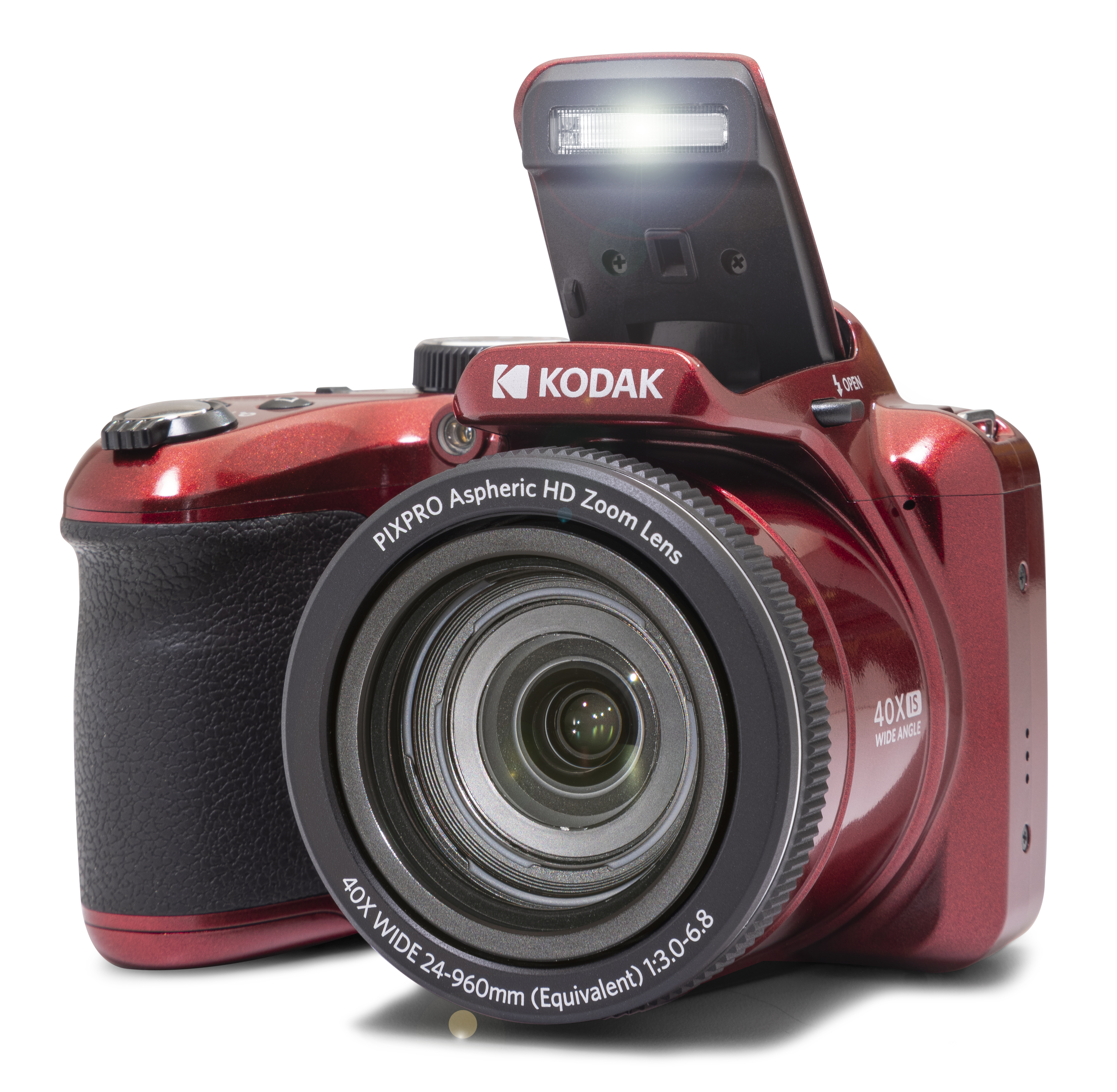Kırmızı bir Kodak Pixpro kamera, zoom lens ve flaş ile. Flaş açıktır. Lens, 40X geniş açılı diyor.