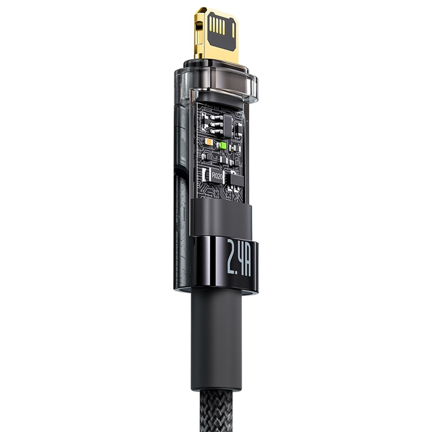 Primer plano de un cable de carga. El cable tiene un conector dorado, una sección transparente que muestra circuitos y un cable negro.