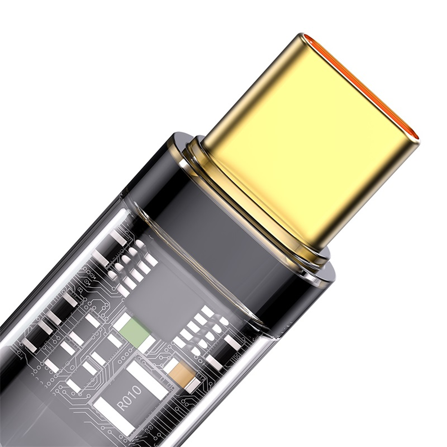 Primer plano de un cable USB-C. Conector dorado, cuerpo transparente con placa de circuito visible.