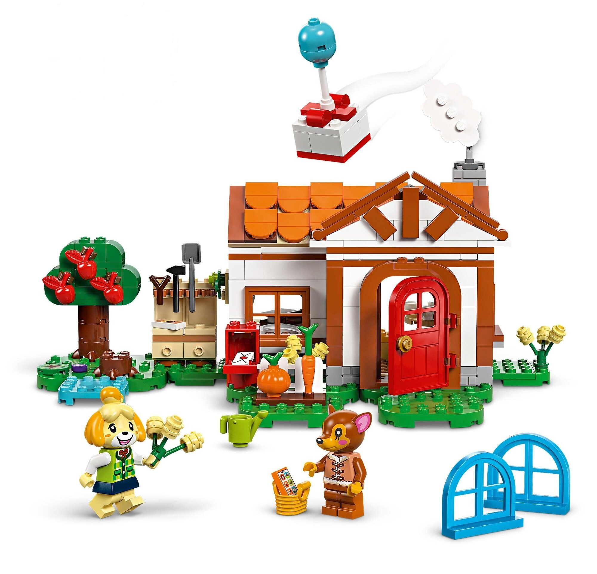 Scena domu Lego z postaciami. Zawiera dom, drzewo, postacie i inne akcesoria Lego. Jasne kolory i zachęcająca scena.