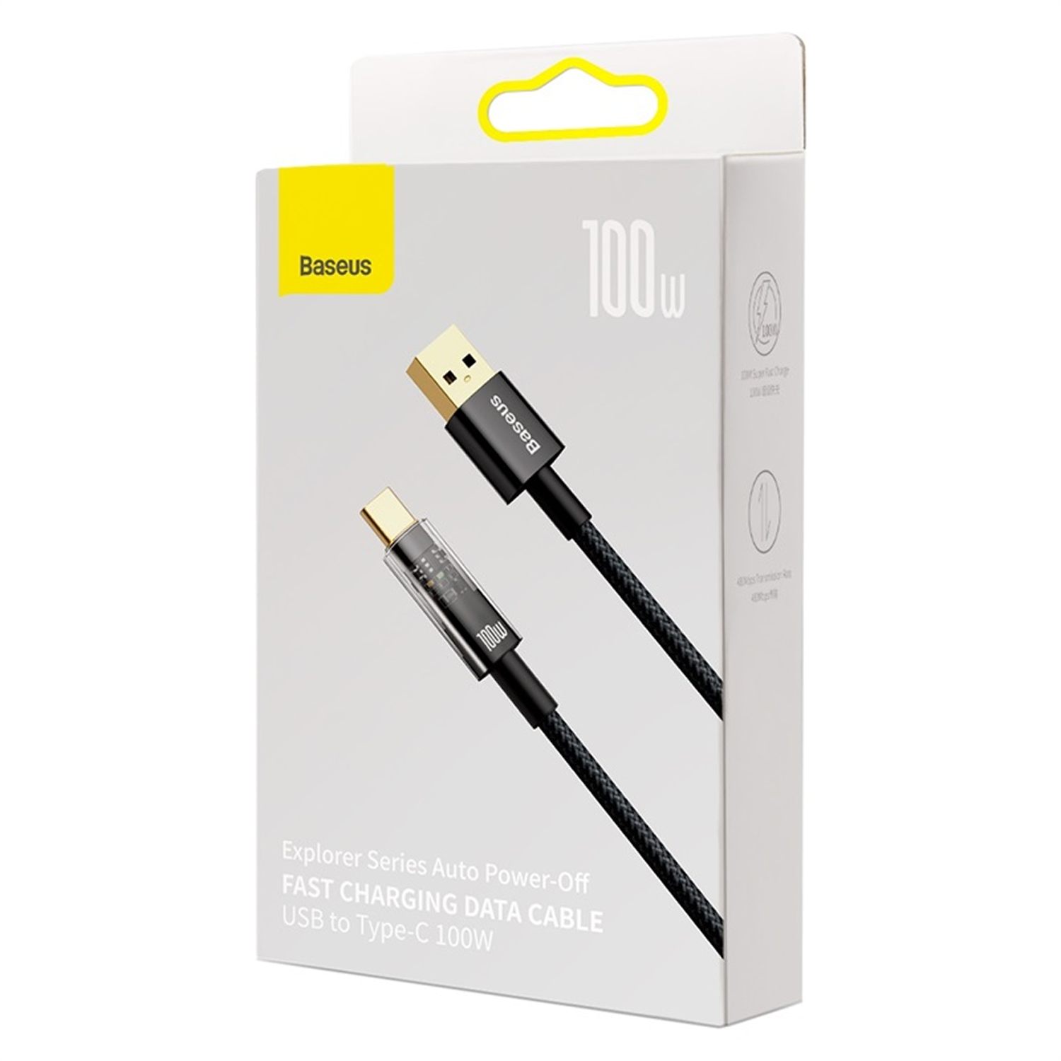 Un cable de carga Baseus de 100 W USB a Tipo-C en una caja blanca. El cable es negro con conectores dorados y la caja tiene detalles amarillos.