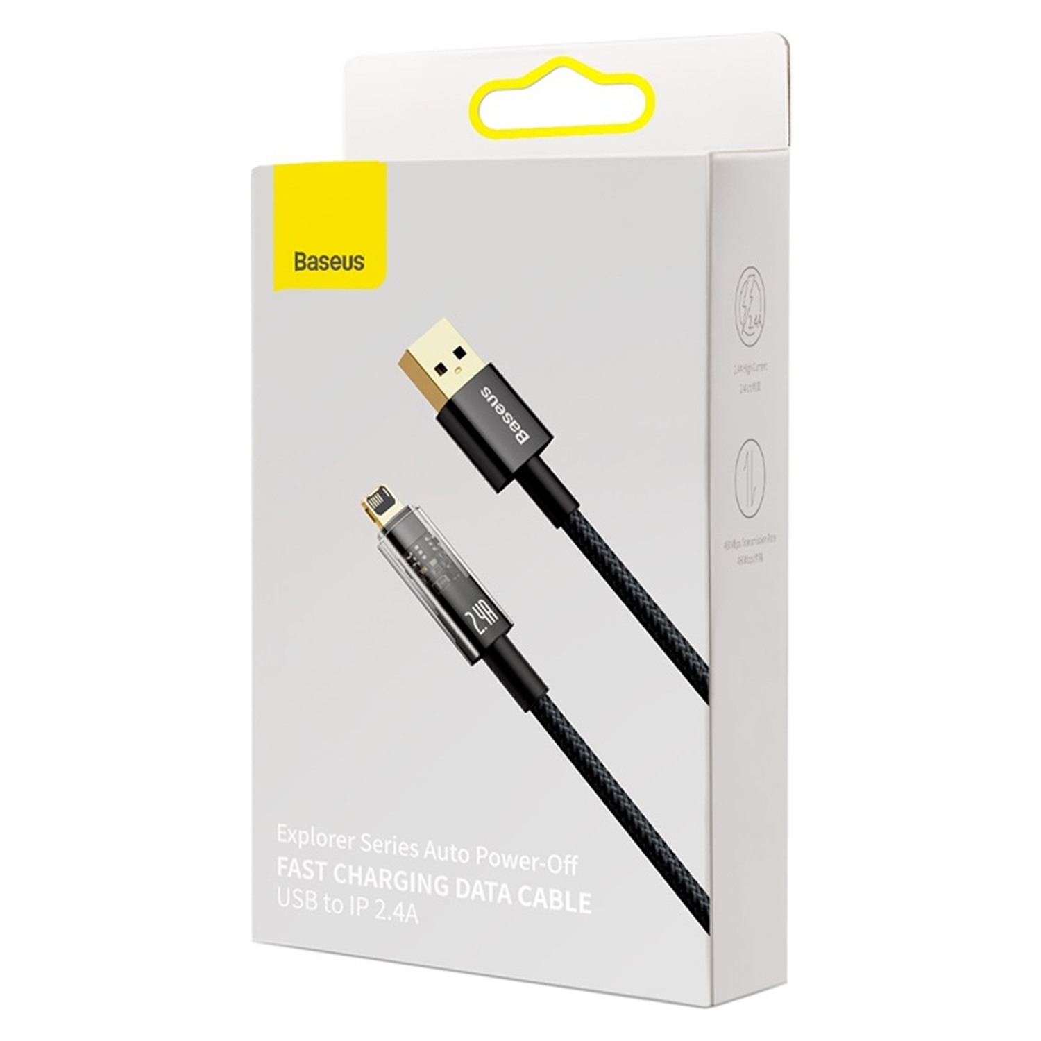 Una caja blanca con un cable de carga USB a IP. La caja tiene el logotipo de Baseus y detalles del producto. El cable es negro y dorado.