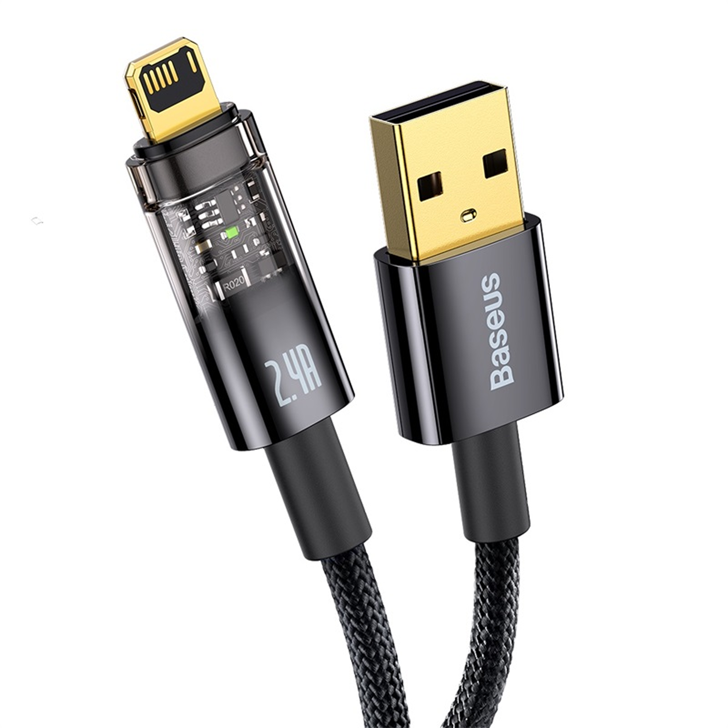 Un cable de carga Baseus negro y dorado, con un conector USB en un extremo y un conector Lightning en el otro.