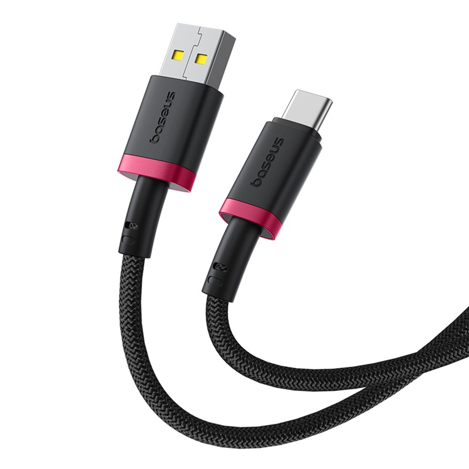 Dos cables de carga negros con conectores USB y USB-C. Cada cable tiene un anillo rosa y la marca 'Baseus'.