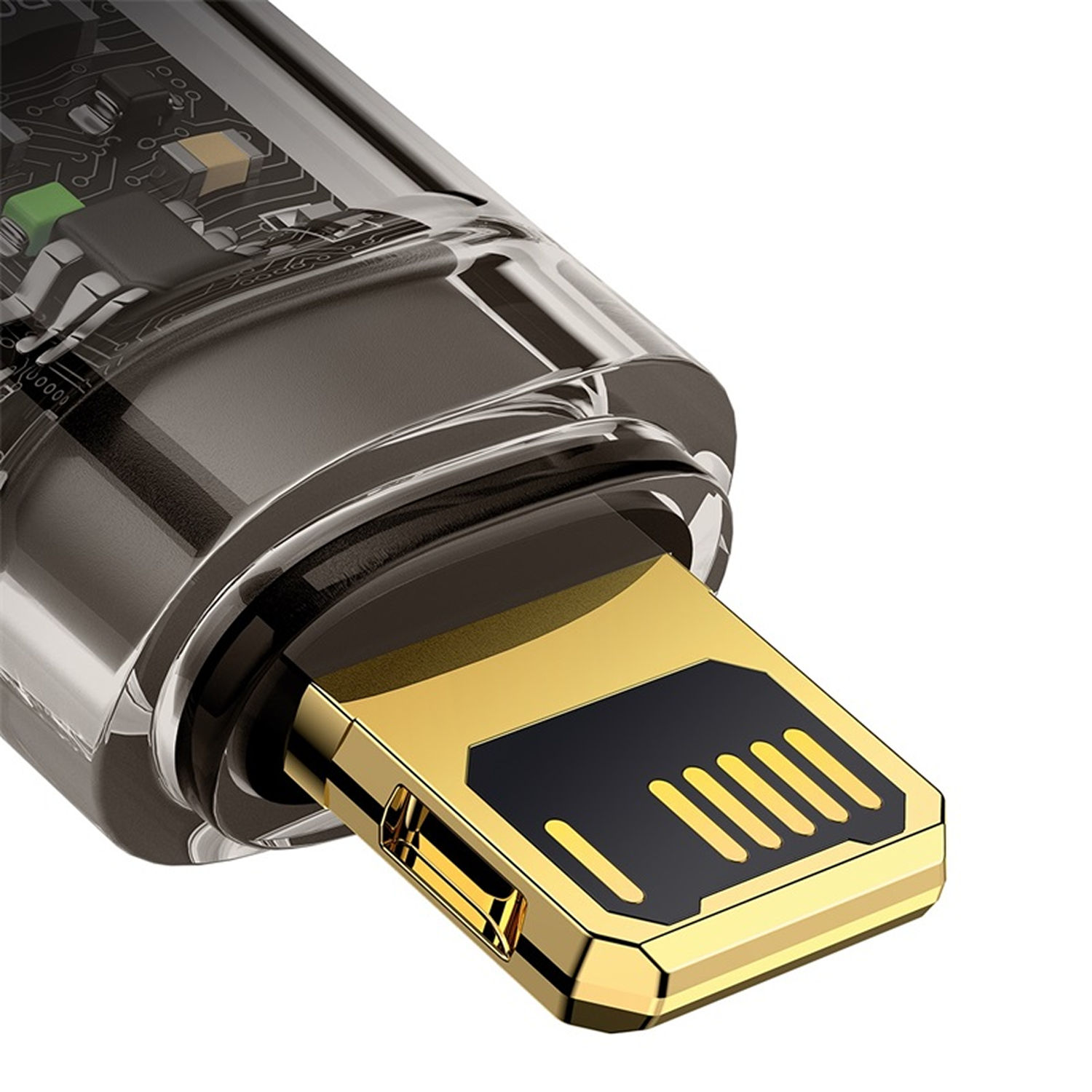 Primer plano de un conector USB dorado. El conector tiene un centro negro con líneas amarillas. El cuerpo es transparente.