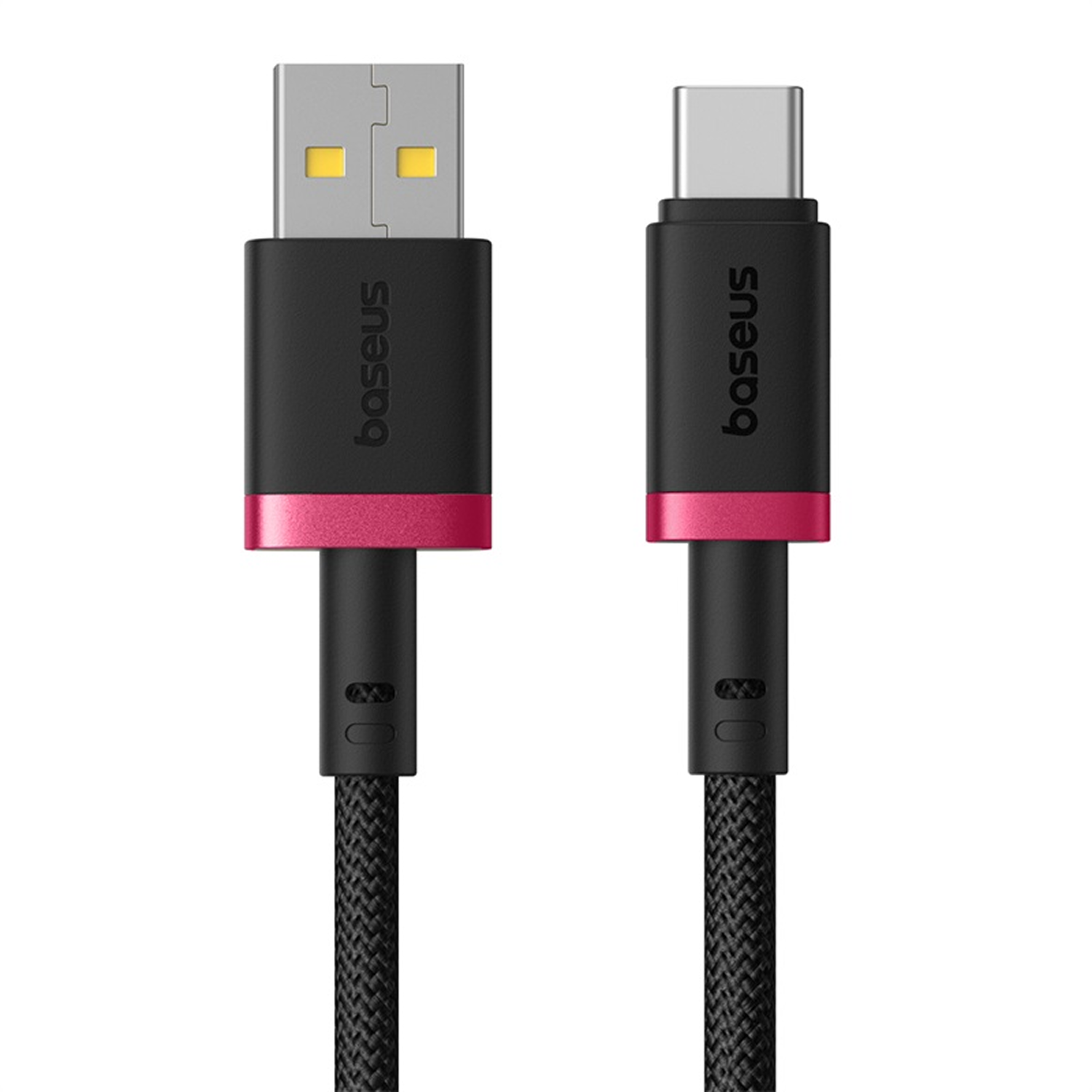 Dos cables USB Baseus negros con detalles rojos. Un conector USB-A y otro USB-C, ambos sobre fondo blanco.