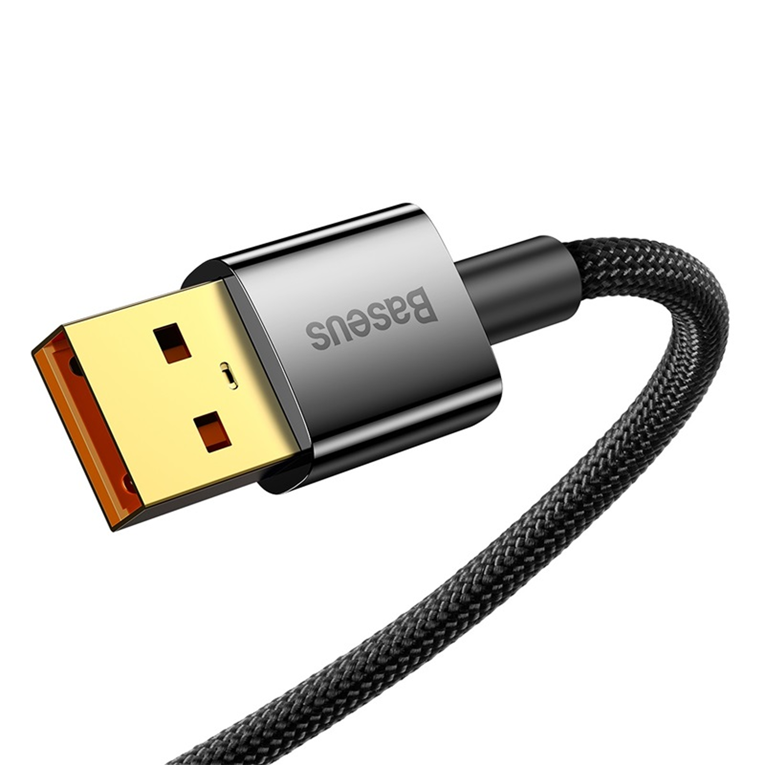 Un cable USB con un conector dorado y un cable trenzado negro. El conector tiene el logotipo 'Baseus'.