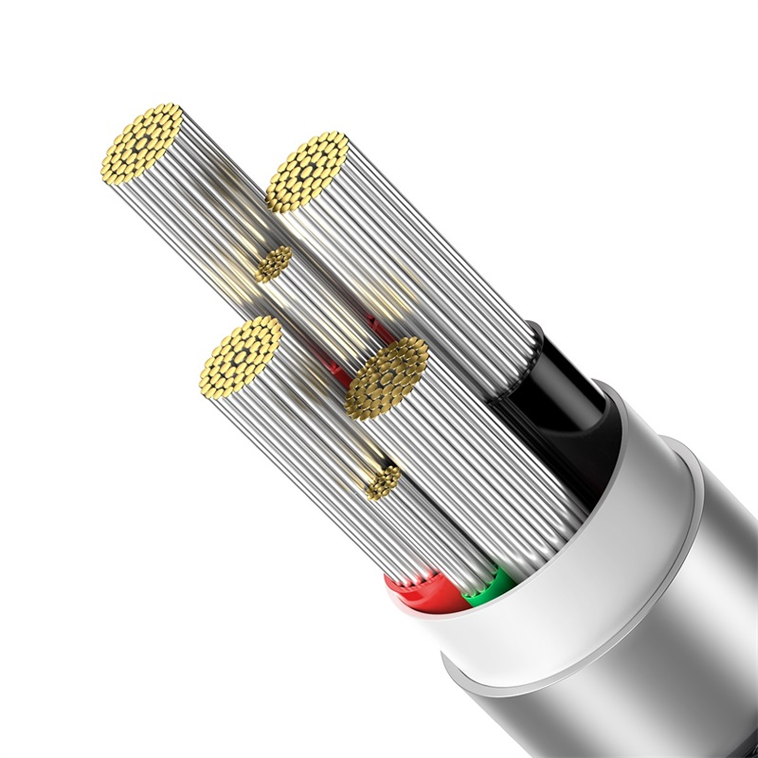 Primer plano de un cable con múltiples cables plateados, extremos dorados y cables internos de colores (rojo, verde). Plástico negro y blanco.