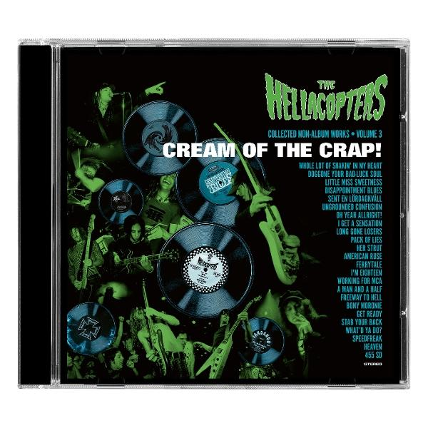 CD-Cover. Das Album 'Cream of the Crap' von The Hellacopters. Bandmitglieder und Schallplatten sind abgebildet. Grün und schwarz.