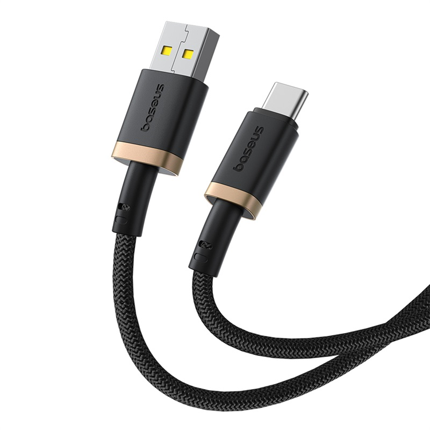 Cable de carga USB-C negro y dorado con cable trenzado. El cable tiene un conector USB y USB-C.