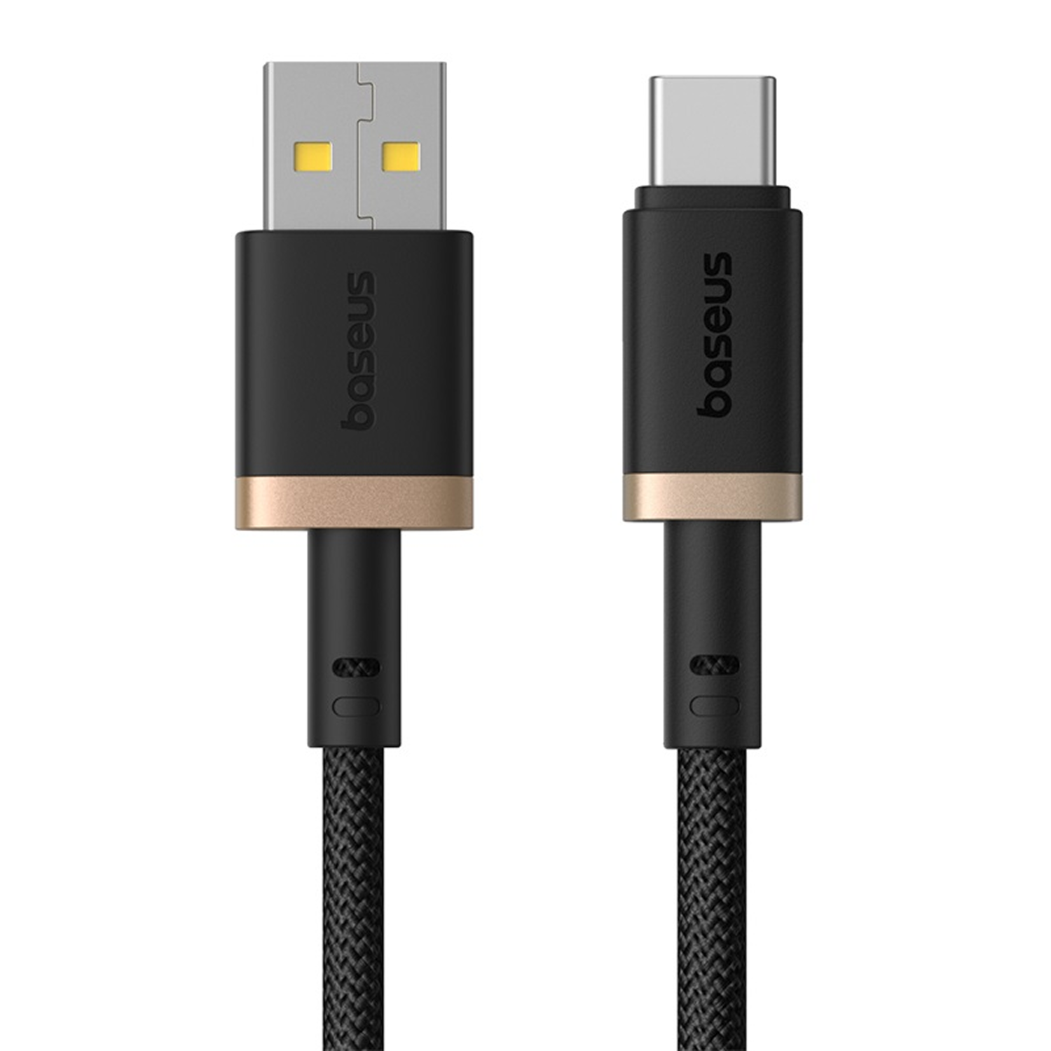 Dos cables USB negros con detalles dorados, cada uno con la marca 'baseus'. Uno es USB-A, el otro USB-C. Cables trenzados.