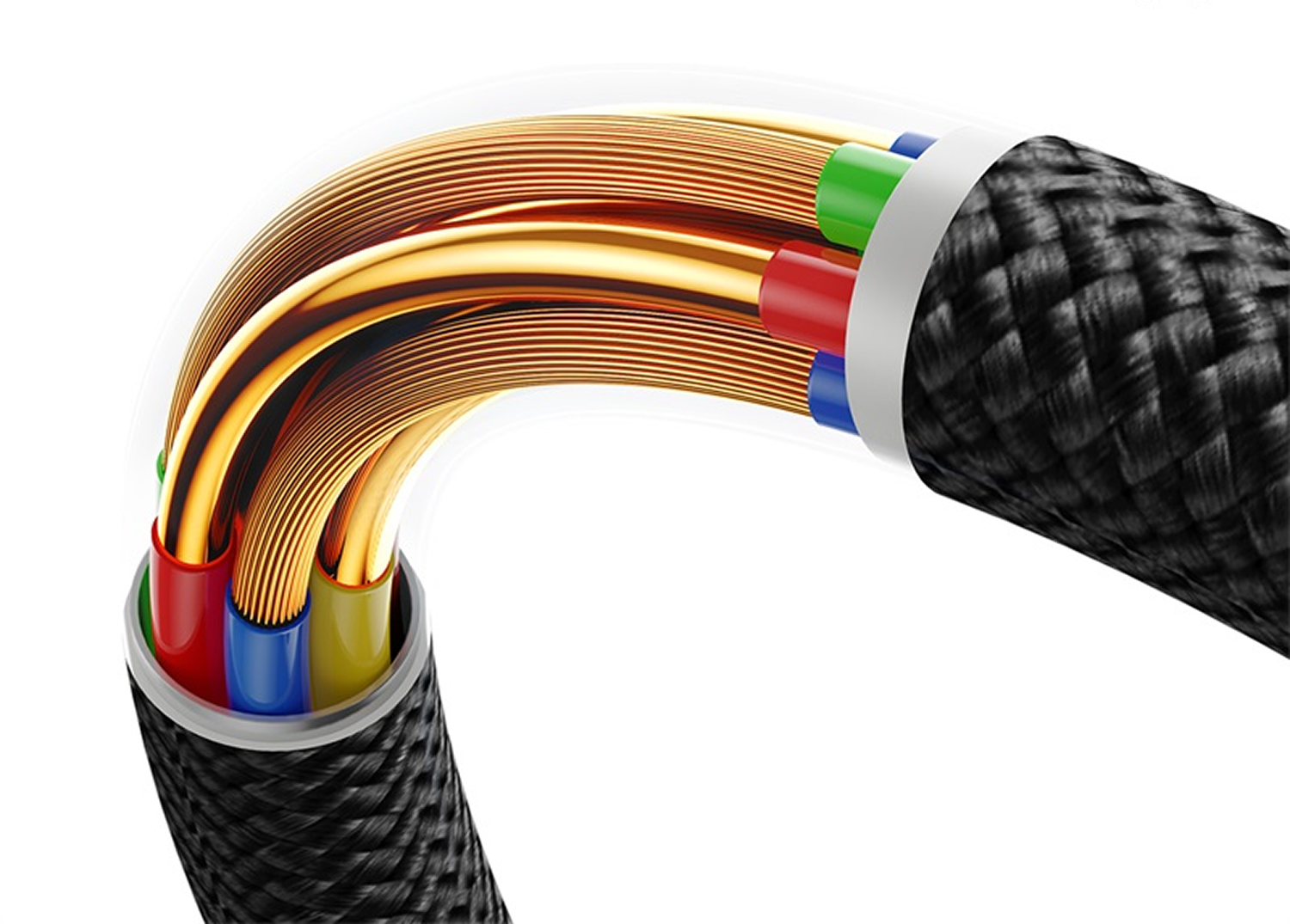 Primer plano de un cable curvo. Se ven cables de cobre en el interior, junto con cables de colores. El cable es negro y trenzado.