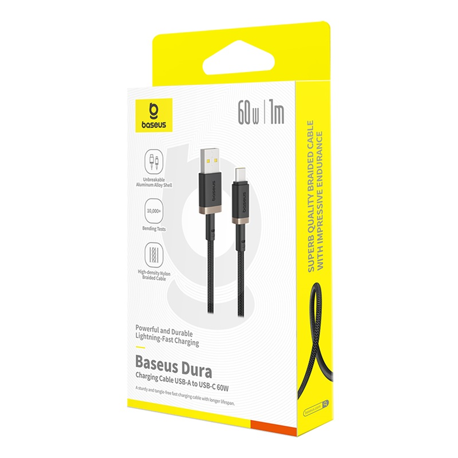 Caja del cable de carga Baseus Dura. Caja amarilla y blanca con cable negro. Texto incluye '60W', 'cable trenzado' y 'USB-A a USB-C'.