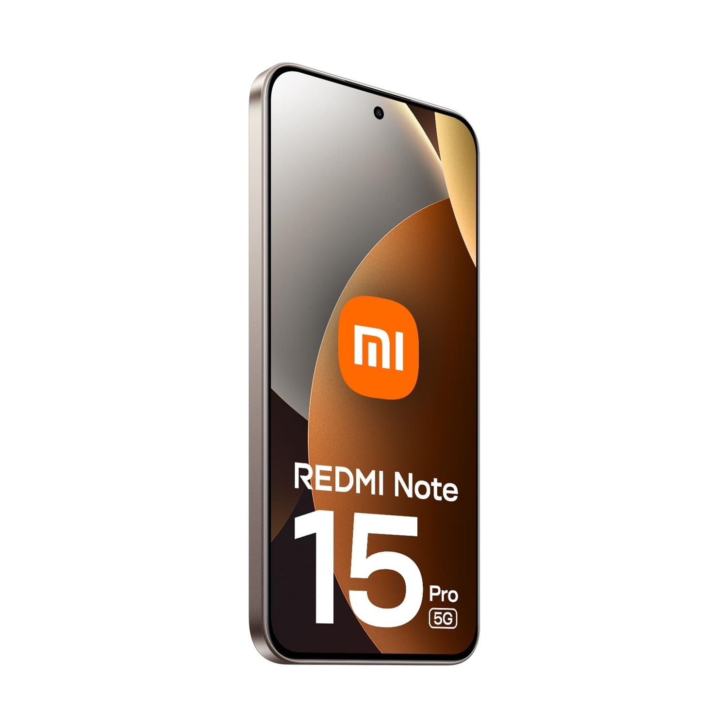 Uno smartphone con schermo curvo, con il logo Redmi Note 15 Pro e il logo arancione di Xiaomi su sfondo marrone.