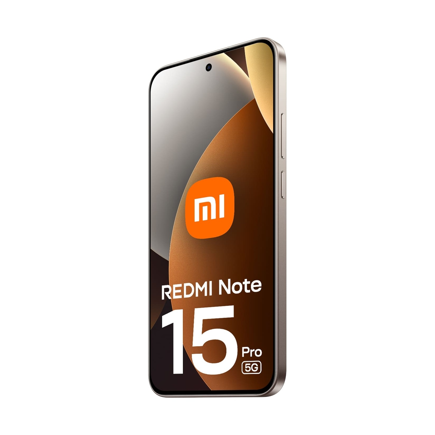 Viene visualizzato uno smartphone, Redmi Note 15 Pro 5G. Ha uno schermo con un logo arancione e uno sfondo sfumato marrone-oro.