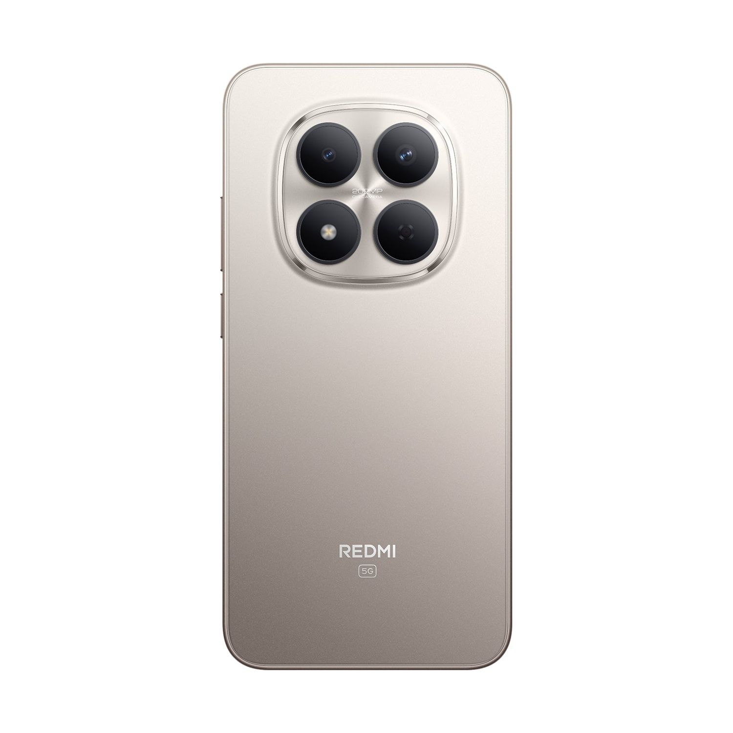 Il retro di un telefono Redmi beige. Ha quattro lenti della fotocamera in un design circolare e il logo Redmi.