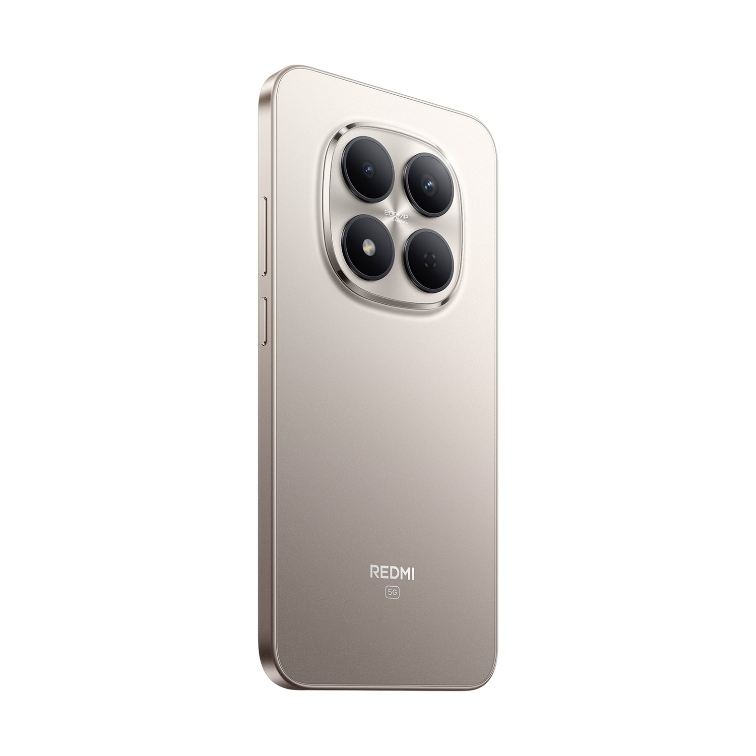Uno smartphone beige con quattro fotocamere posteriori è mostrato su sfondo bianco. Il logo Redmi e l'etichetta 5G sono sul retro.