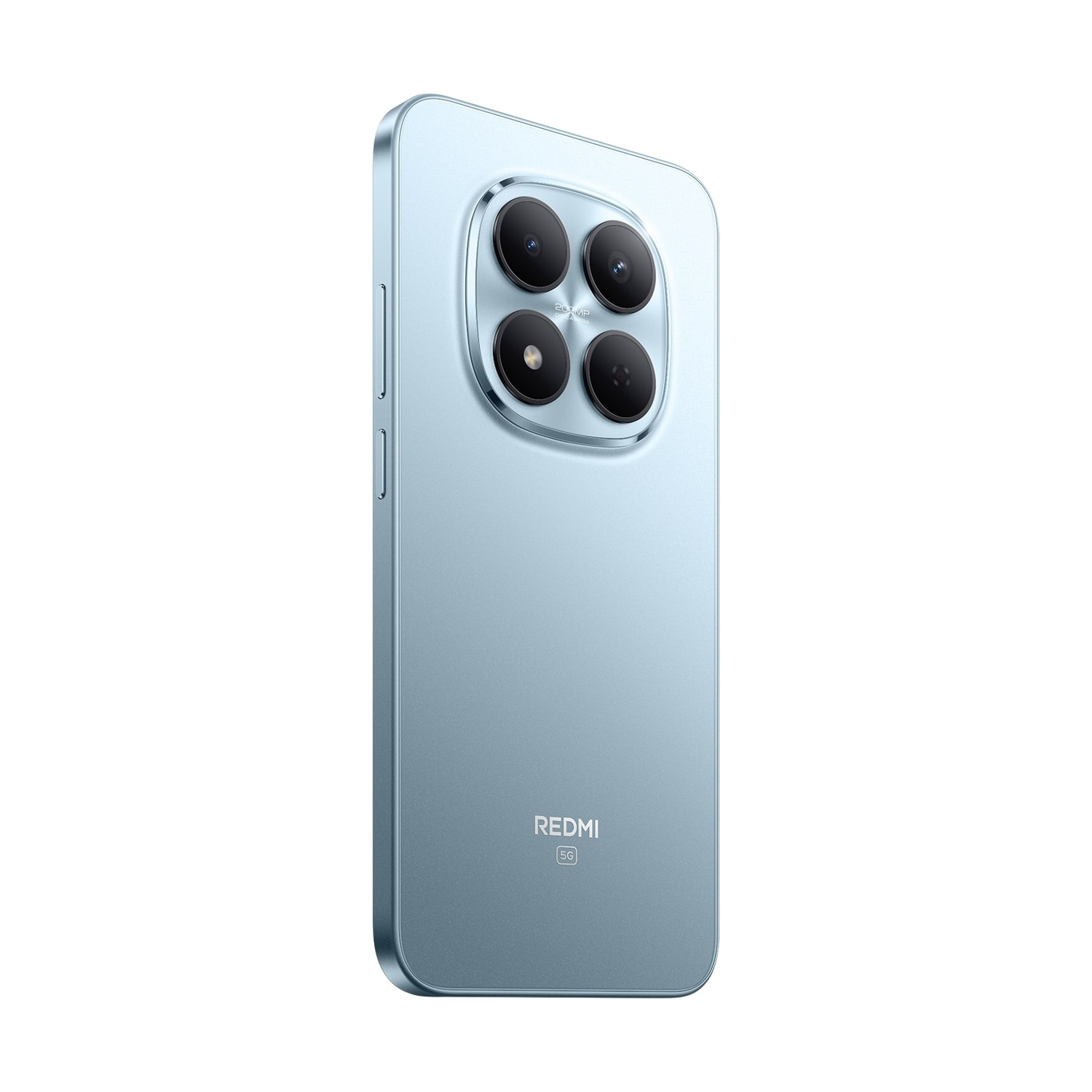 Uno smartphone azzurro con quattro obiettivi. Il logo Redmi e il 5G sono visibili sul retro. Il telefono è angolato.