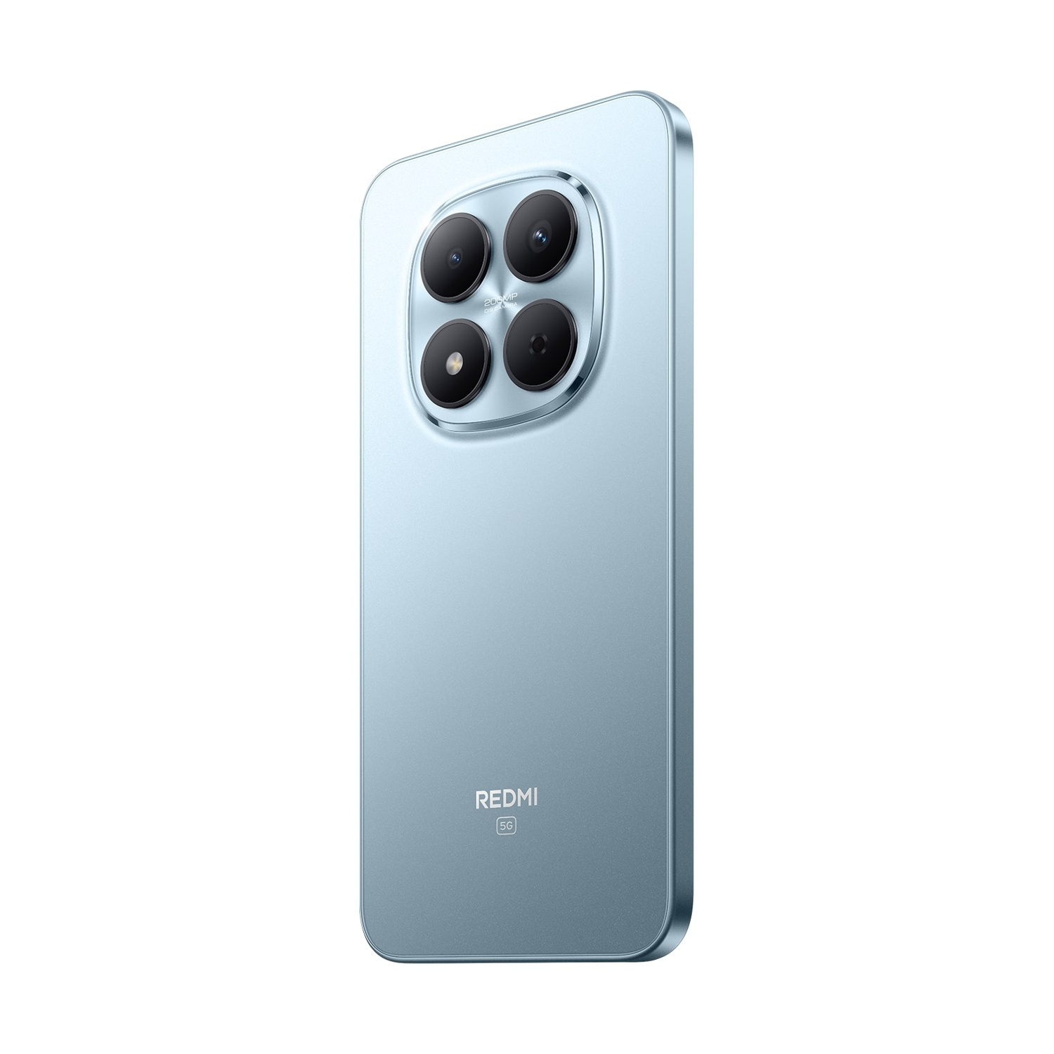 Uno smartphone azzurro con quattro obiettivi. Il logo Redmi e 5G sono visibili. Il telefono è angolato, su sfondo bianco.