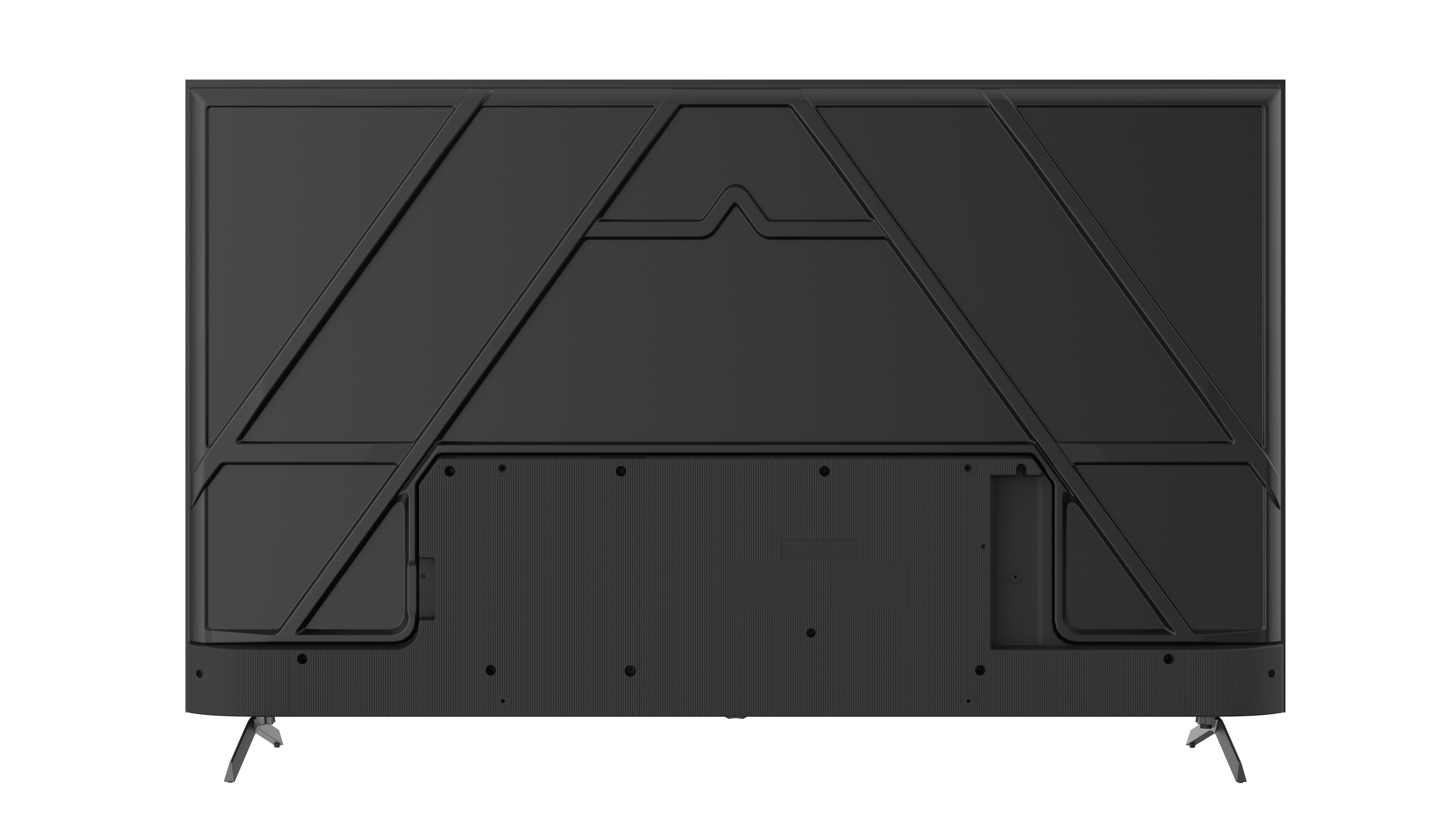 Rückseite eines schwarzen Fernsehers. Geometrisches Design mit verschiedenen Panels und zwei Beinen.