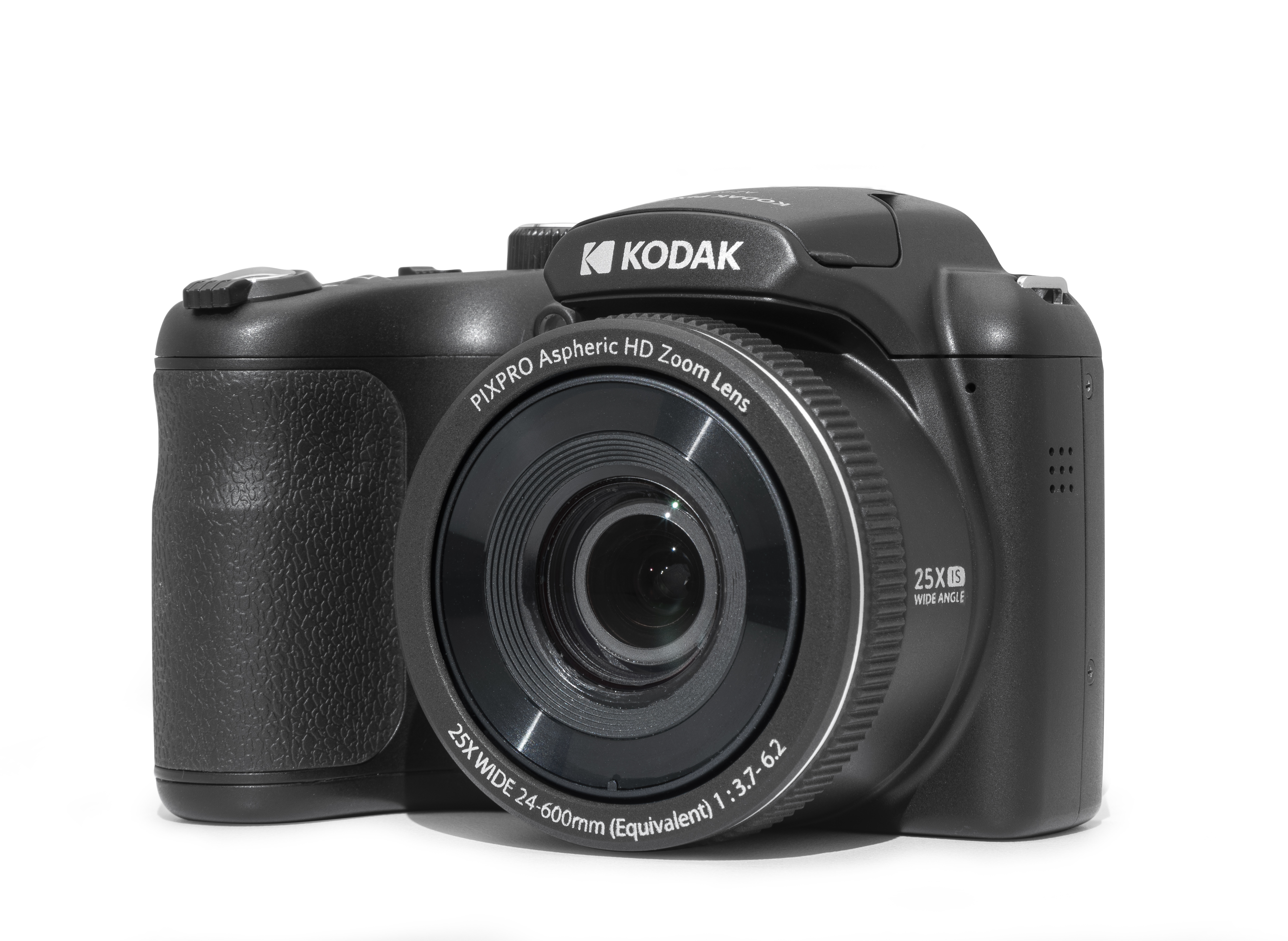 Beyaz zemin üzerinde siyah bir Kodak Pixpro kamera. Bir lensi var ve 25X Geniş Açı olarak etiketlenmiş.