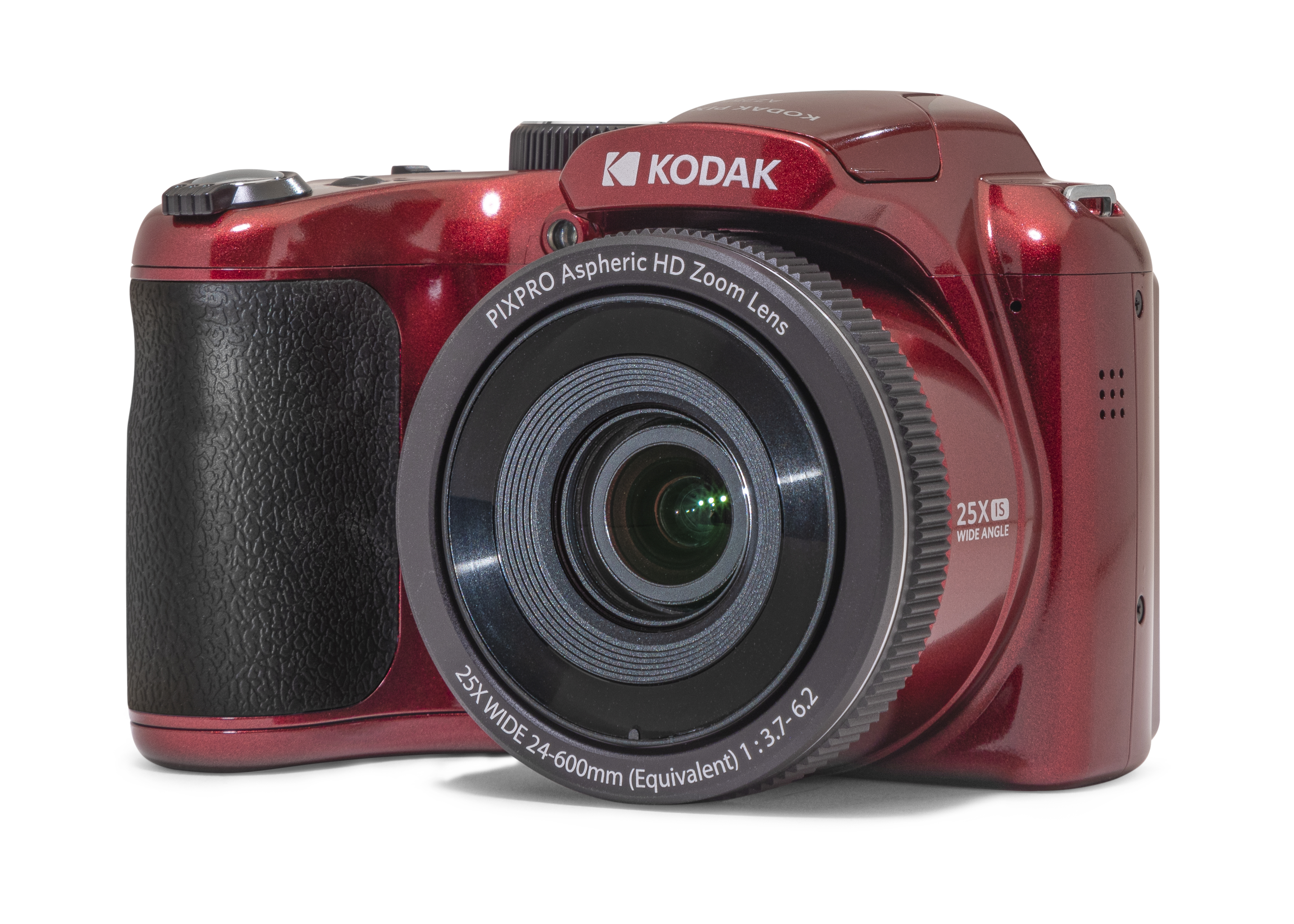 Beyaz zemin üzerinde kırmızı bir Kodak dijital fotoğraf makinesi. Büyük bir merceğe ve siyah bir tutamağa sahip. Kodak logosu görünür.
