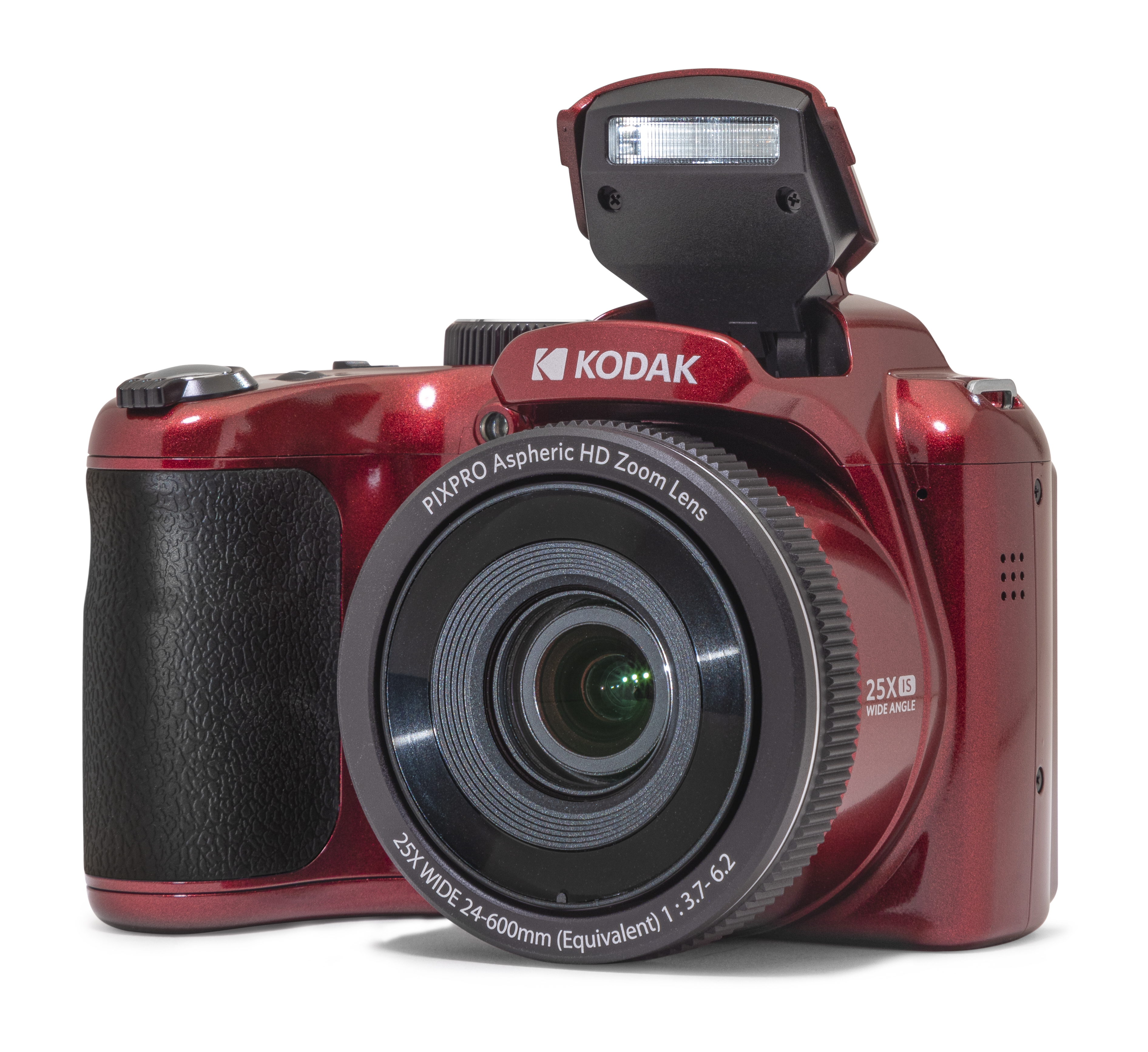 Beyaz zemin üzerinde, açılır flaş, lens ve çeşitli düğmeleri olan kırmızı bir Kodak dijital kamera.