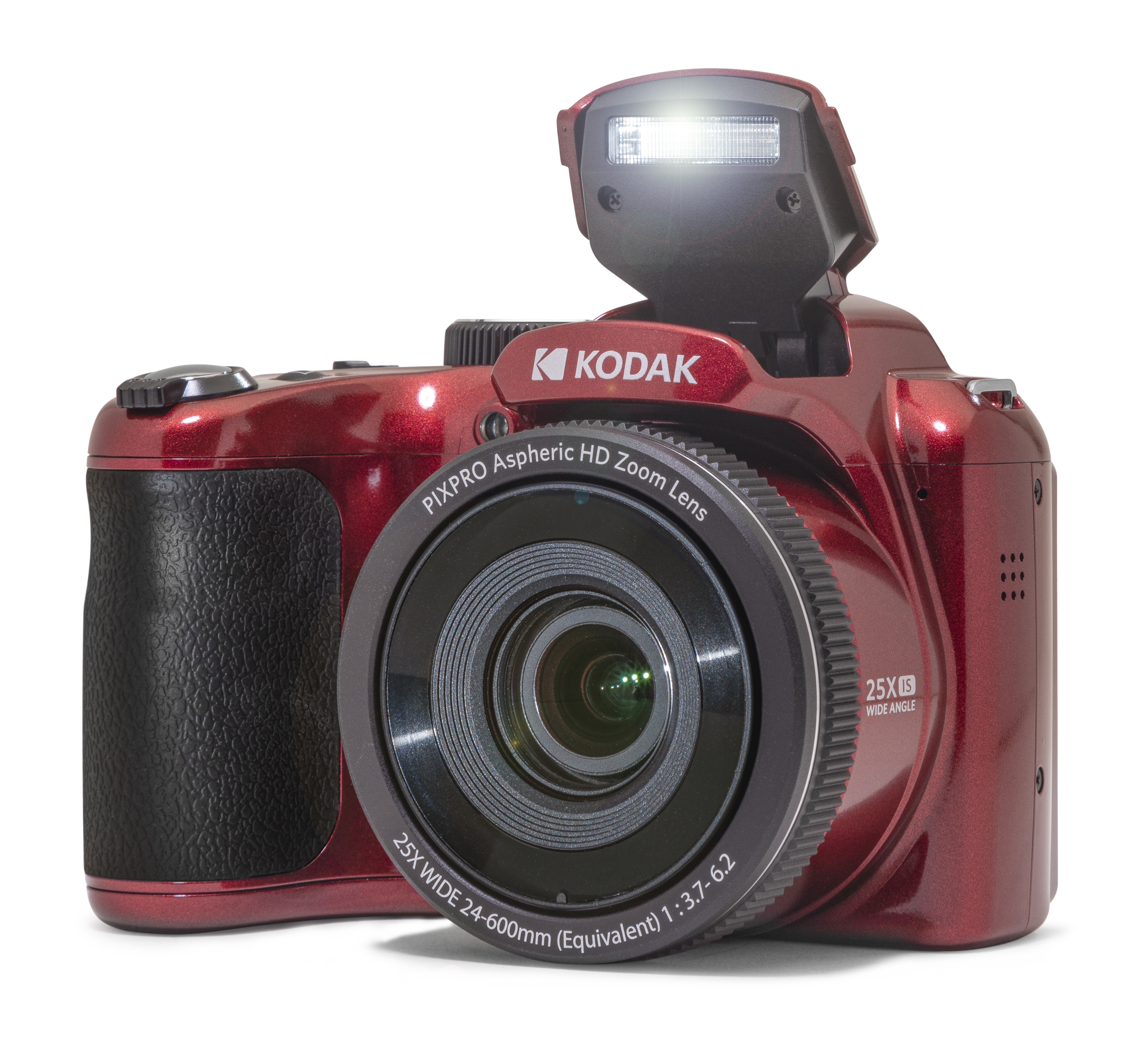 Beyaz zemin üzerinde açılır flaşlı kırmızı bir Kodak kamera. Lens odaklanmış durumda.