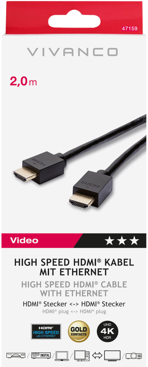 Eine HDMI-Kabelverpackung. Sie zeigt das Kabel mit Anschlüssen und Text, der darauf hinweist, dass es Highspeed mit Ethernet und Goldkontakten ist.