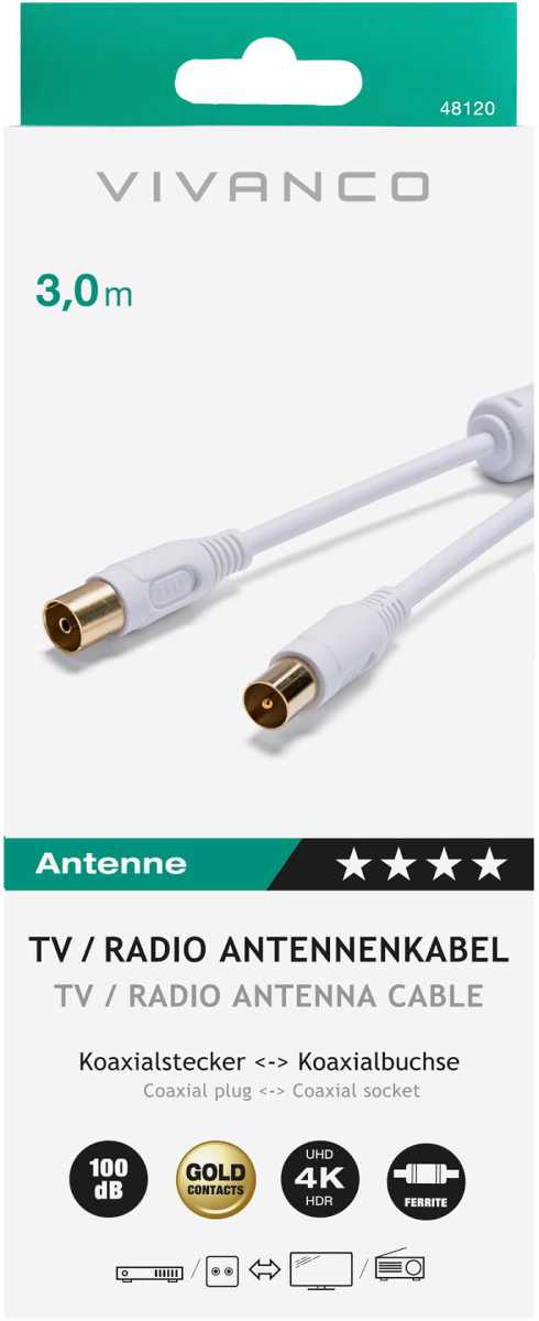 Weißes Koaxial-Antennenkabel mit vergoldeten Steckern, 3,0 m lang. Verpackung mit Vivanco-Logo und technischen Details.