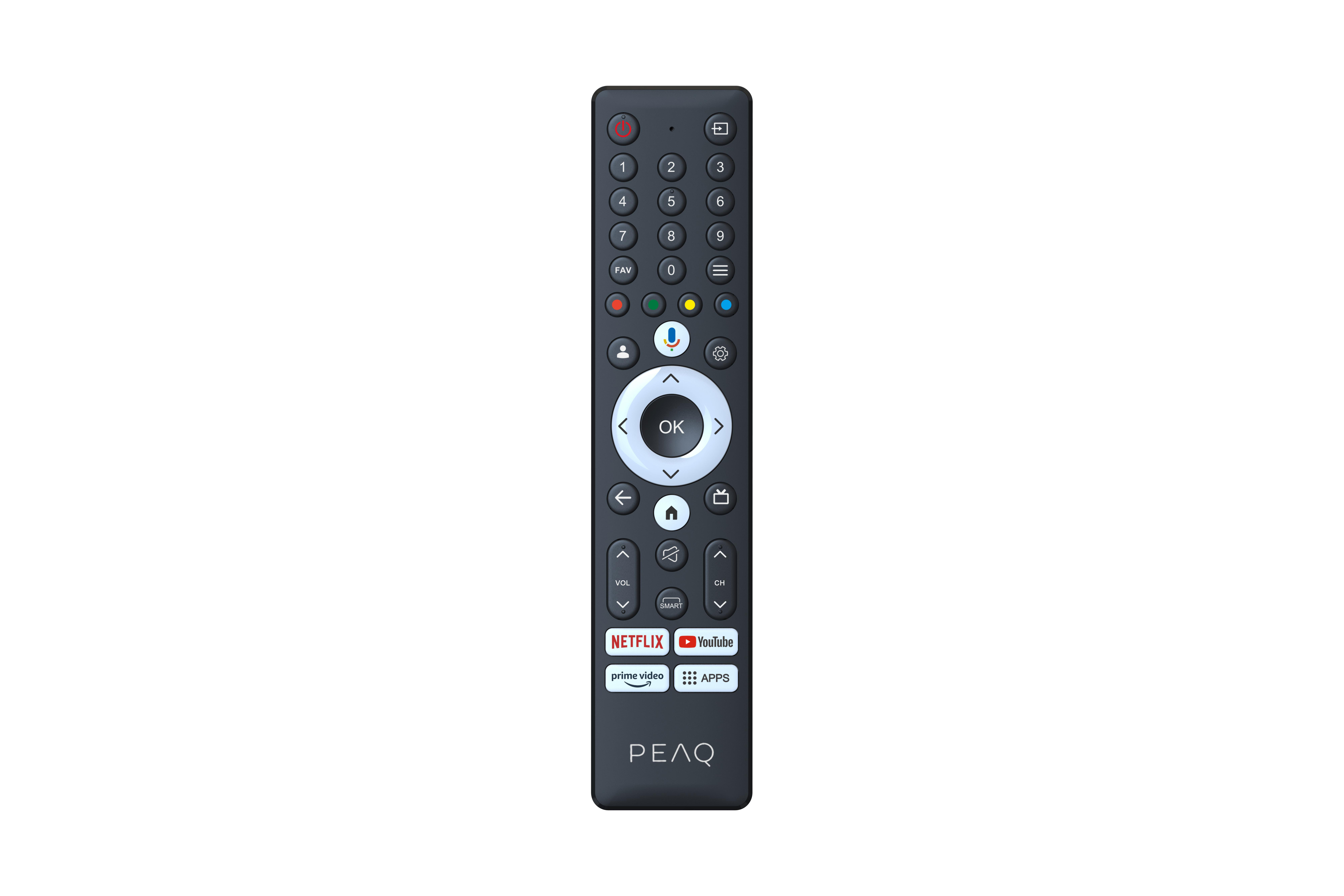 Eine schwarze PEAQ TV-Fernbedienung mit Tasten für Zahlen, Lautstärke, Kanäle, Netflix und YouTube, vor weißem Hintergrund.