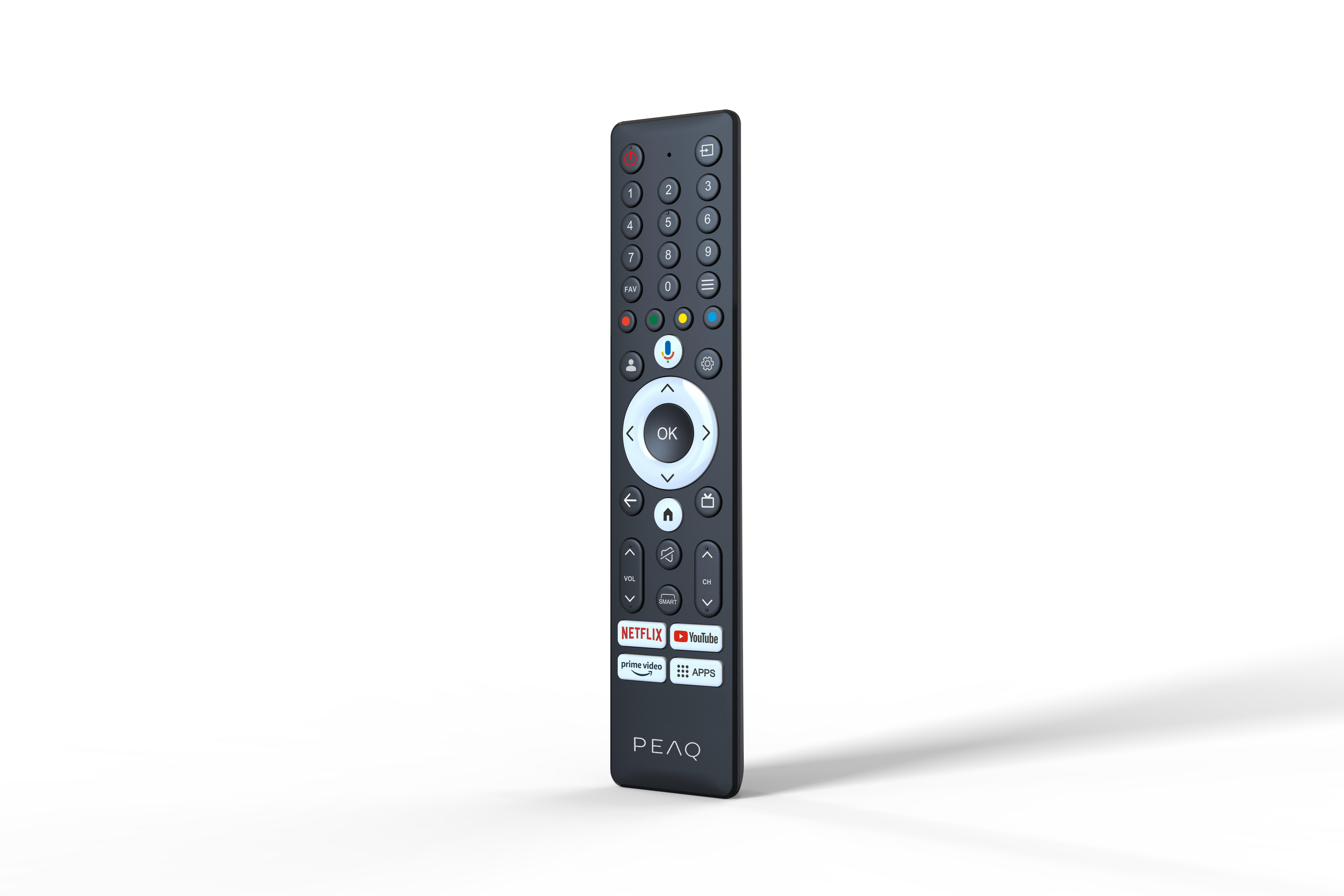 Eine schwarze Fernbedienung mit Tasten für Zahlen, Lautstärke, Kanäle und Streaming-Dienste auf weißem Hintergrund.