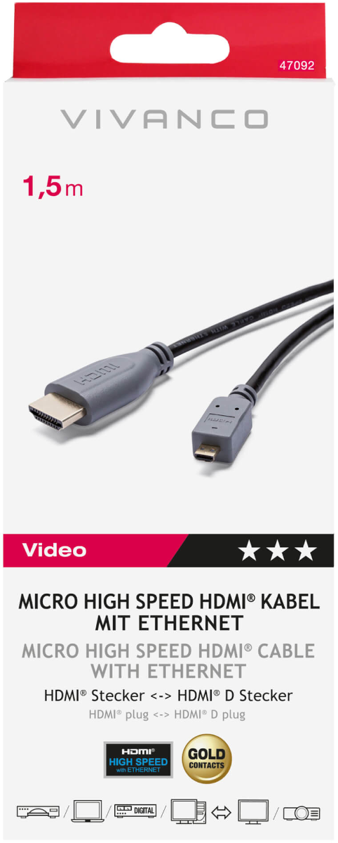 Das Bild zeigt ein Vivanco HDMI-Kabel. Graue Stecker, schwarzes Kabel. Text: Micro High Speed HDMI-Kabel mit Ethernet.