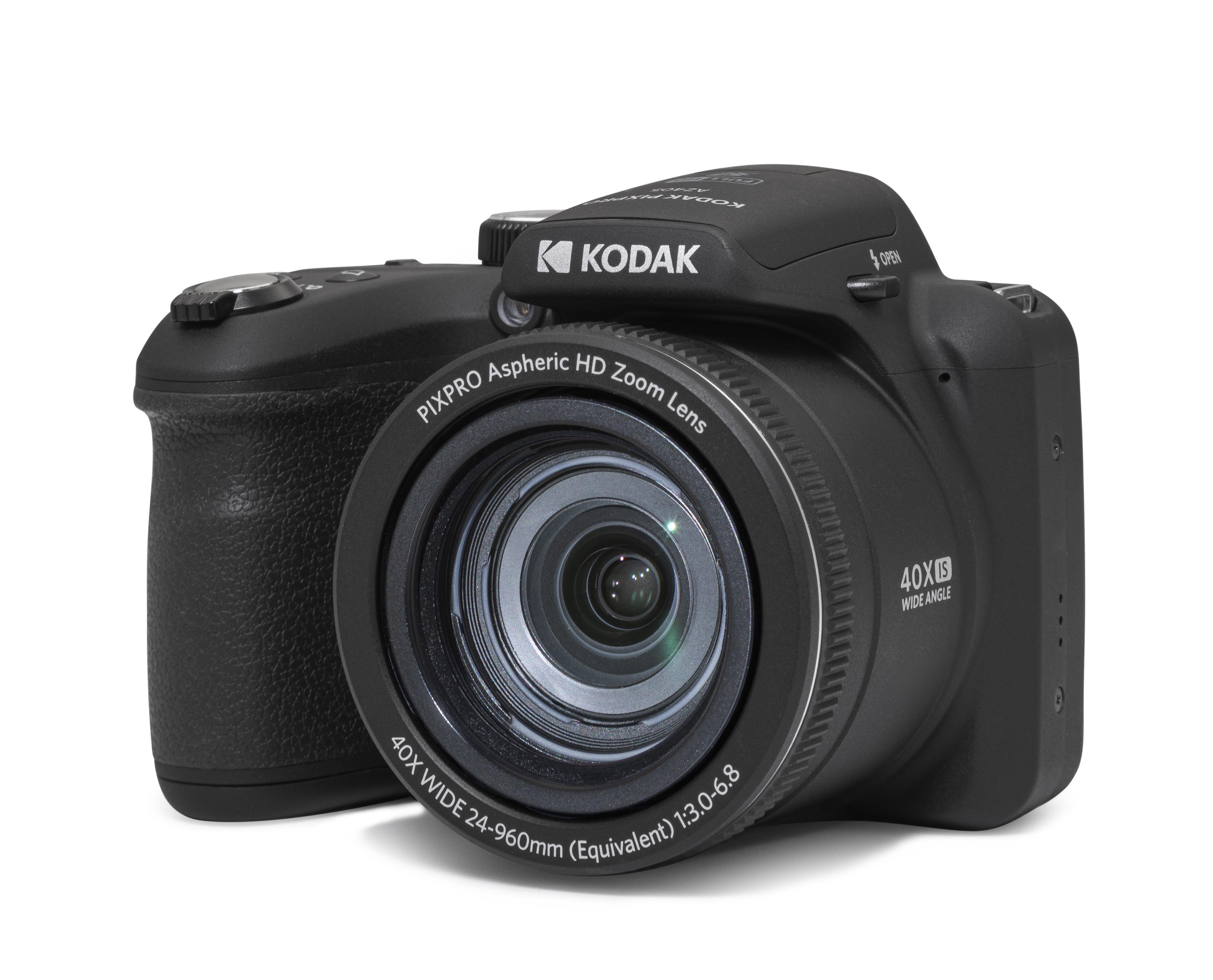 Beyaz zemin üzerinde siyah bir Kodak kamera. Yakınlaştırma lensi var ve Kodak logosu görünür durumda.