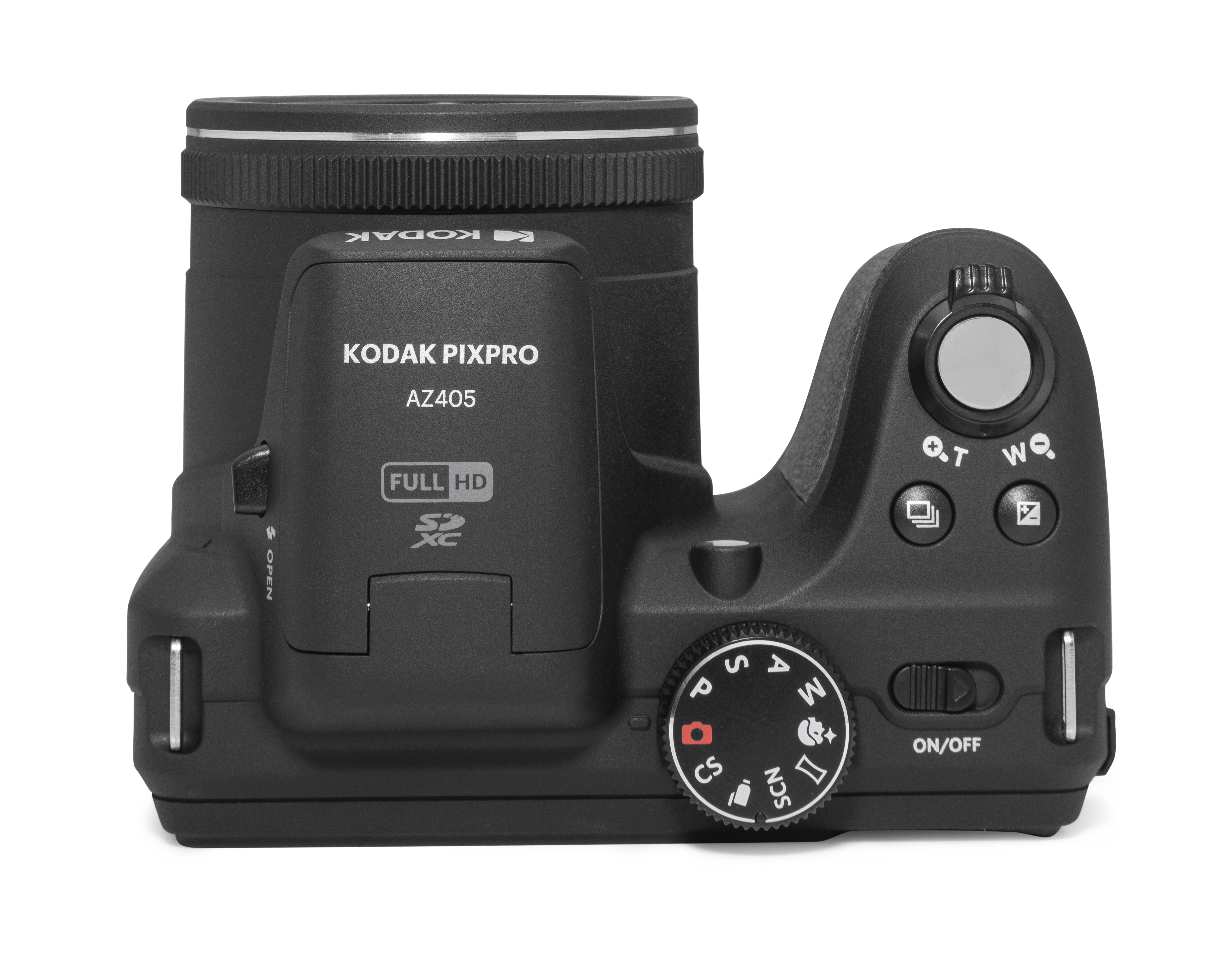 Siyah Kodak Pixpro kamera, yukarıdan görünüm. Lens, mod kadranı, güç düğmesi ve çeşitli kontrol düğmeleri bulunur.