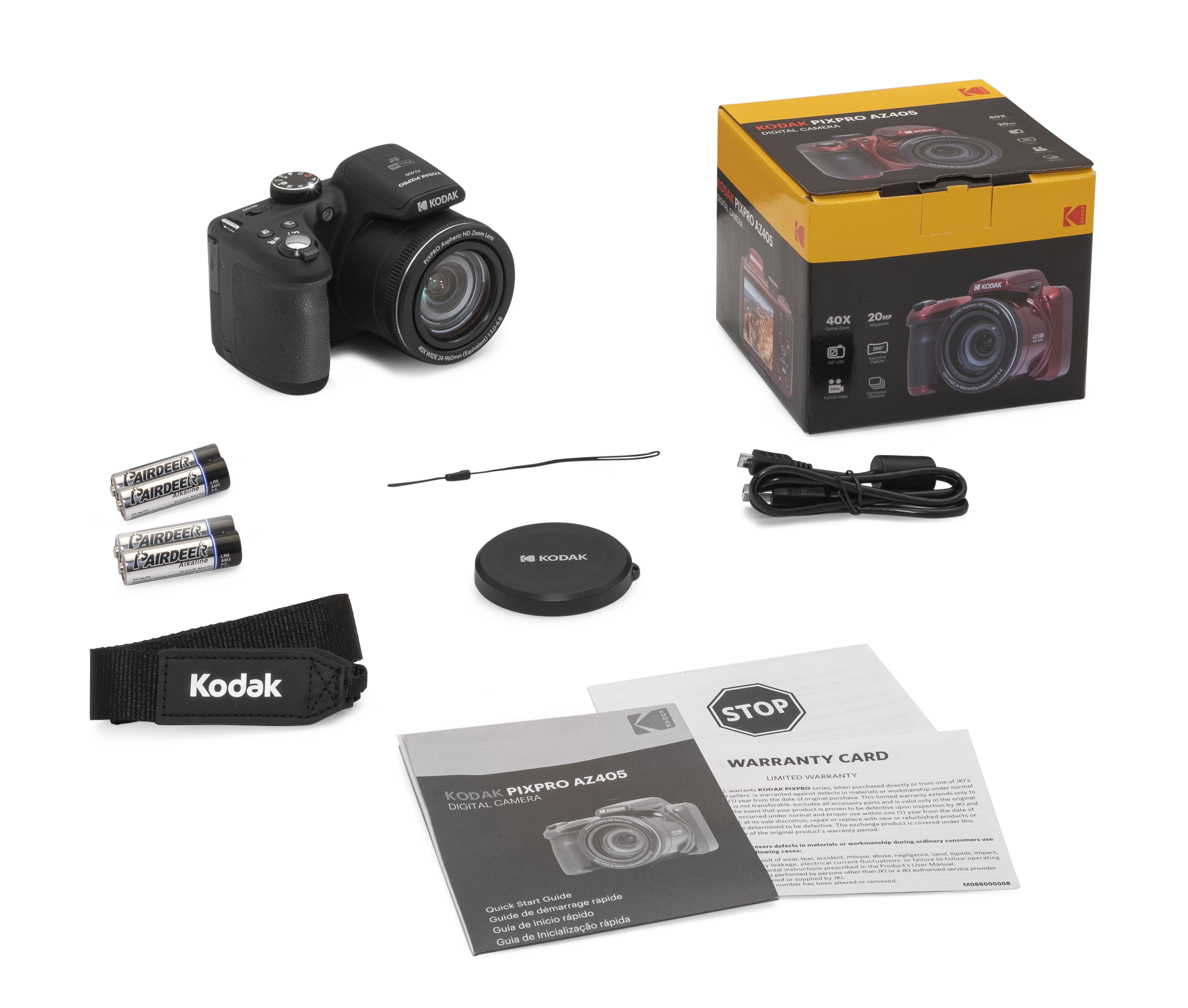Kodak kamera seti: kamera, kutu, piller, kayış, lens kapağı, kablo ve belgeler. Siyah ve kırmızı.