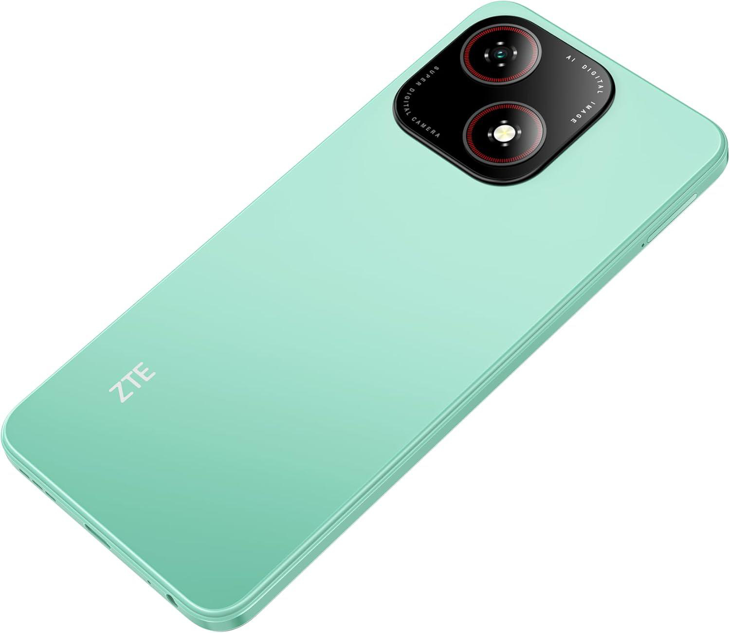 Ein mintgrünes ZTE-Smartphone, Ansicht von schräg oben. Mit Doppellinsen und ZTE-Logo. Das Telefon befindet sich auf weißem Hintergrund.