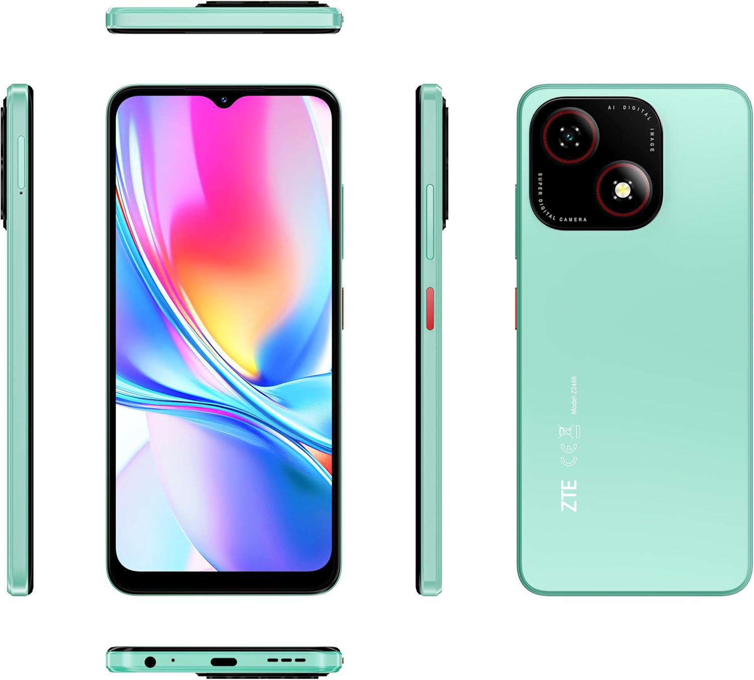 Ein mintgrünes ZTE-Smartphone wird aus mehreren Blickwinkeln angezeigt. Es hat eine Dual-Kamera auf der Rückseite und ein Vollbild-Display.