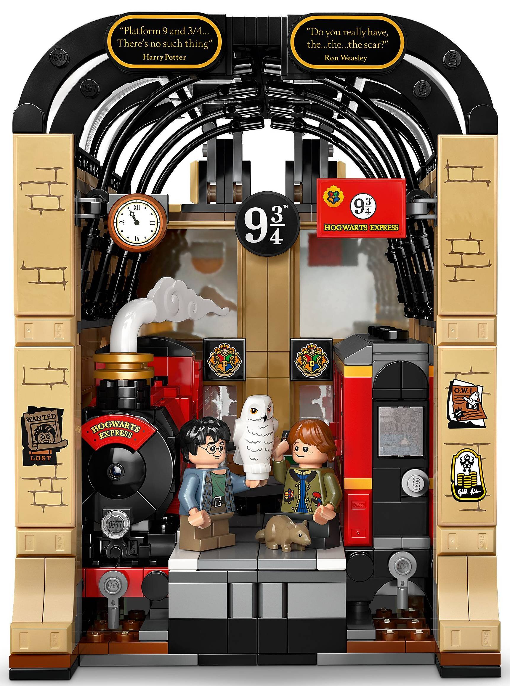 Zestaw Lego z platformą 9 3/4 z pociągiem Hogwart Express, Harrym, Ronem, Hedwigą i szczurem.