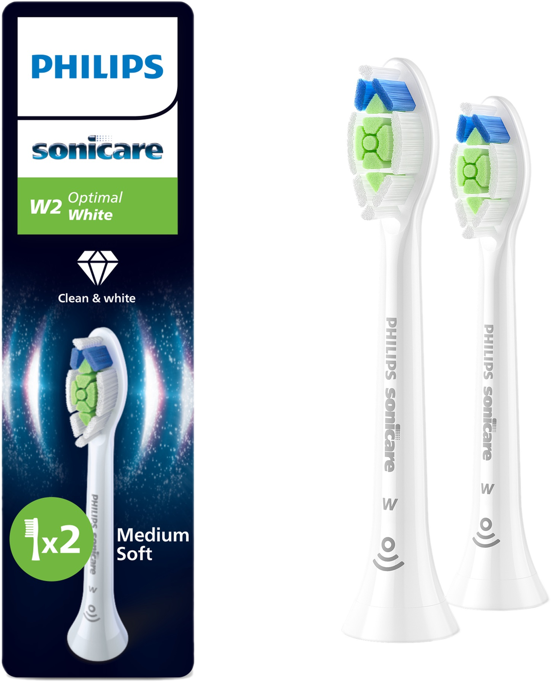 Afbeelding toont Philips Sonicare tandenborstelkoppen. De verpakking links en twee koppen rechts. Witte koppen met blauwe en groene borstelharen.