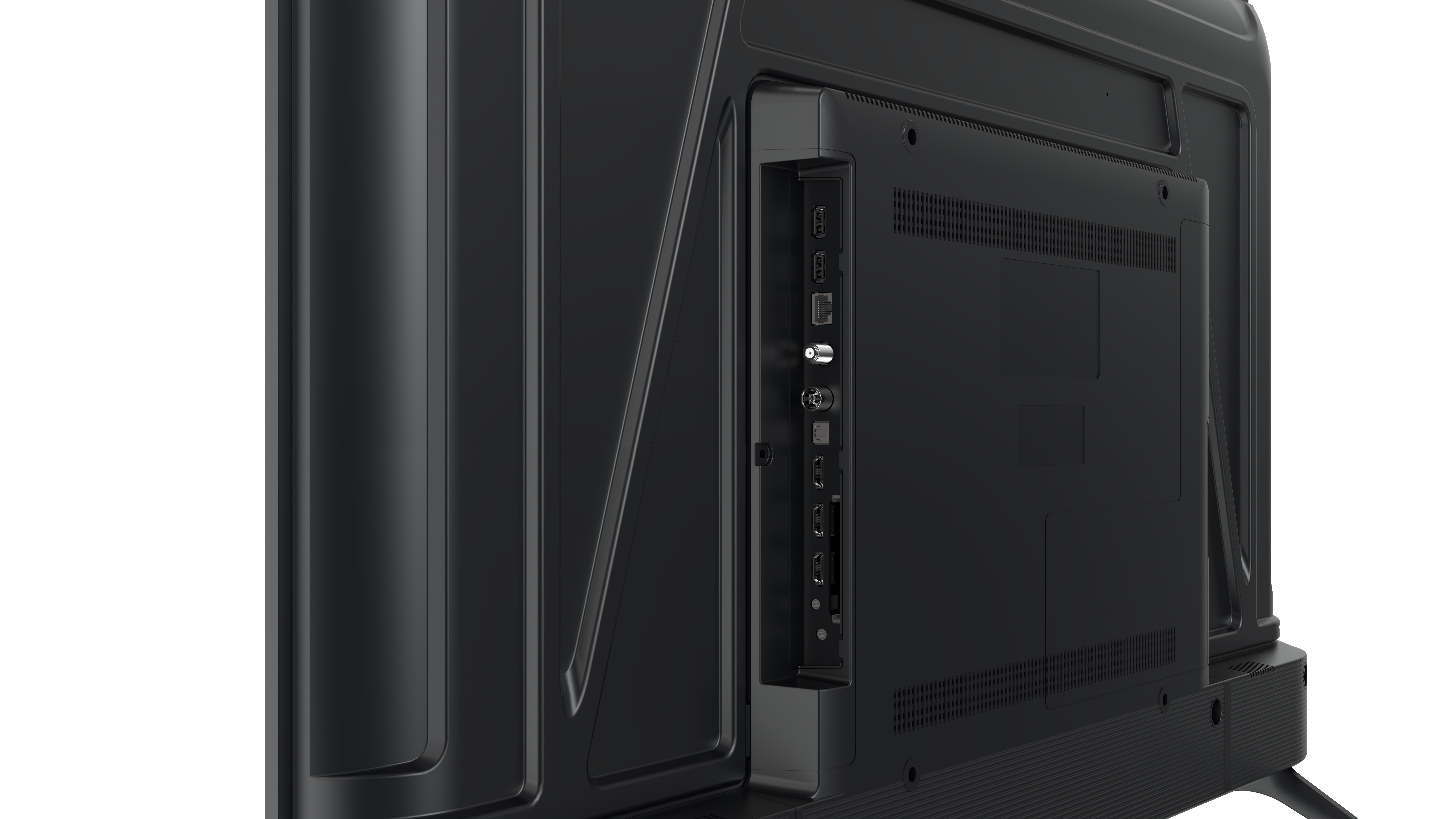 Schwarze TV-Rückseite mit Anschlüssen und Lüftungsschlitzen. Zeigt HDMI, USB, Antennenanschlüsse und andere Ein-/Ausgänge.