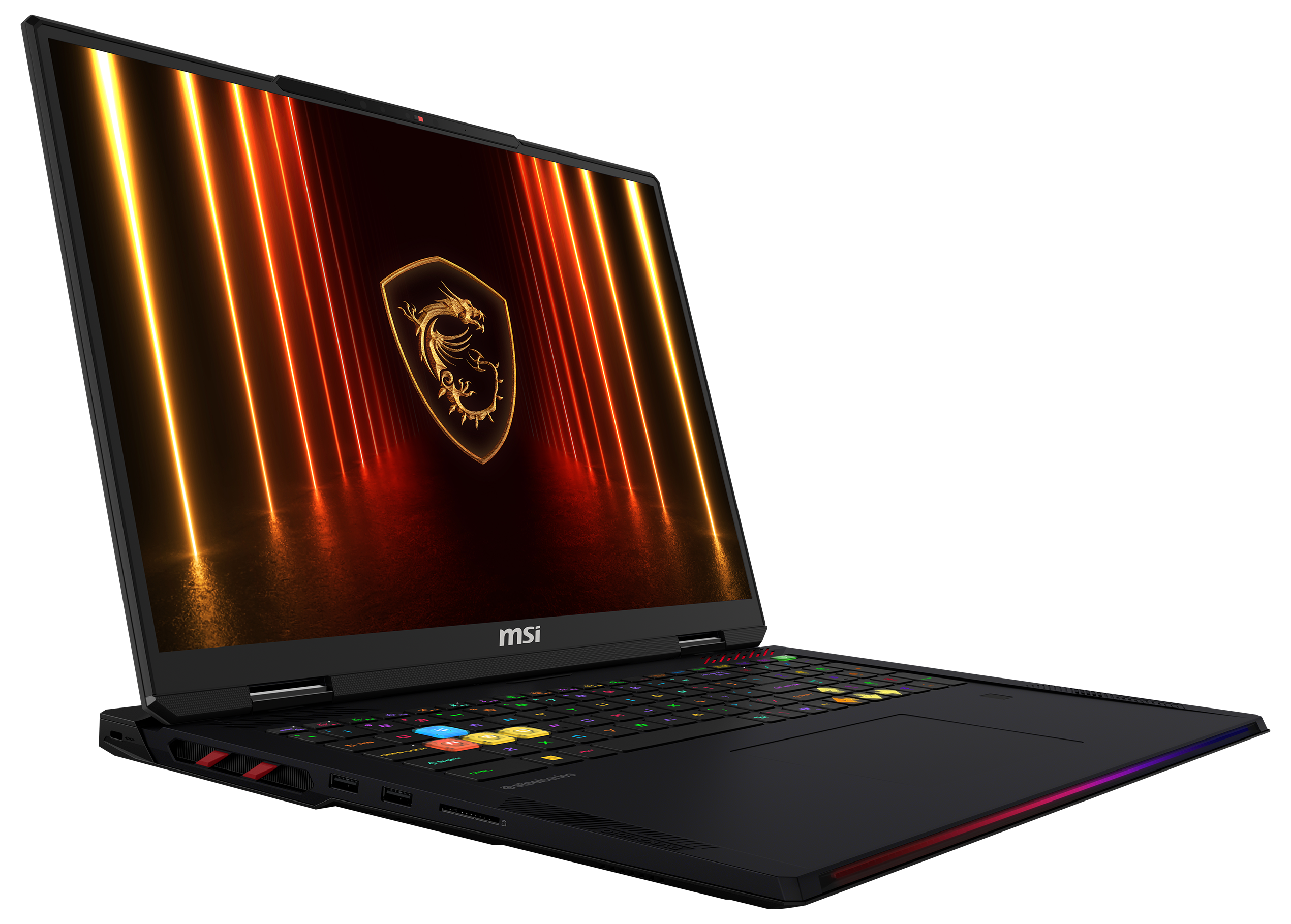 Schwarzer MSI-Laptop mit beleuchteter Tastatur und Bildschirm, der ein Drachenlogo und Neonlichter zeigt, auf schwarzem Hintergrund.