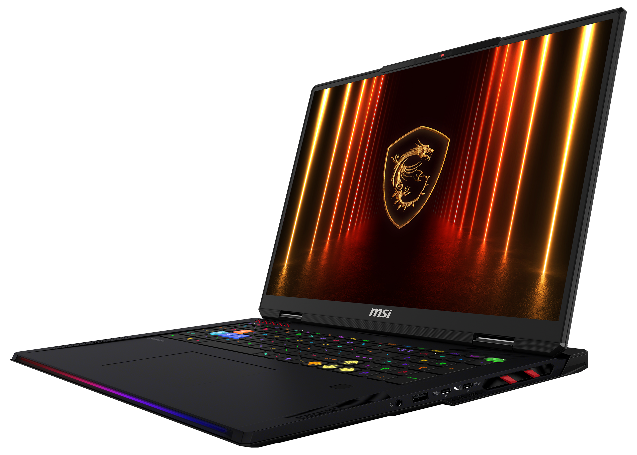Schwarzer MSI-Laptop mit beleuchteter Tastatur und Bildschirm mit Drachenlogo und orangefarbenen Lichtern auf schwarzem Grund.