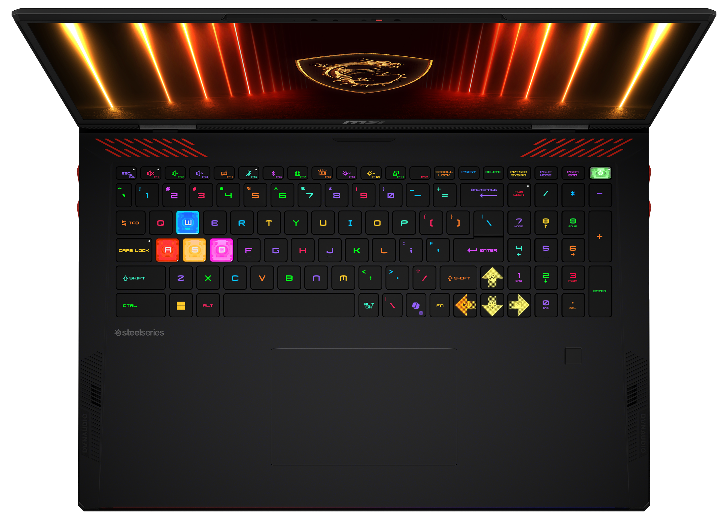 Laptop-Tastatur mit bunten Tasten, beleuchtetem Bildschirm mit Drachenlogo und orangefarbenen Lichtern.