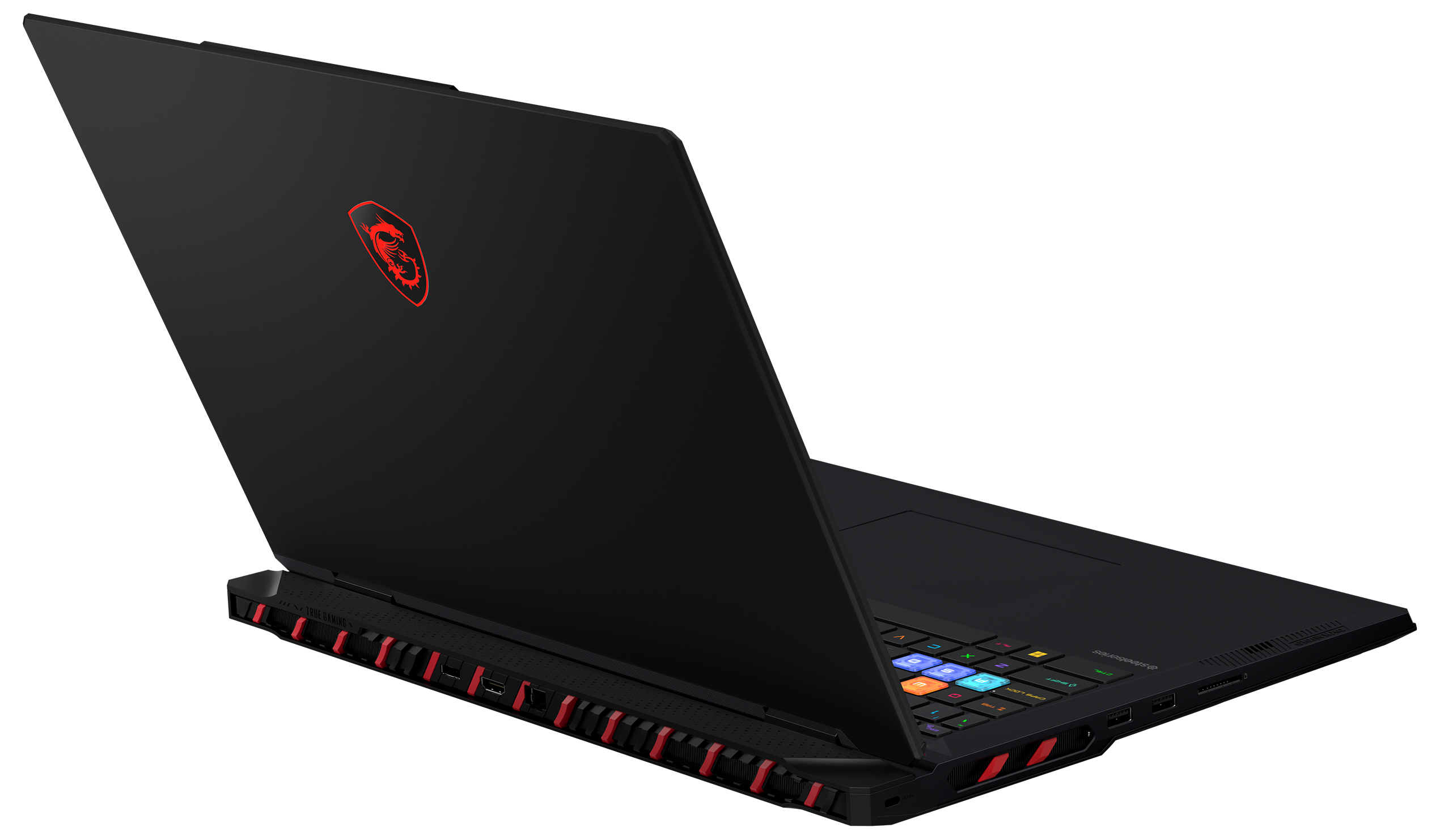 Schwarzer MSI-Laptop, geöffnet. Rotes Logo auf dem Deckel. Tastatur mit bunten Tasten sichtbar. Rote Akzente an der Seite. Schwarzer Hintergrund.