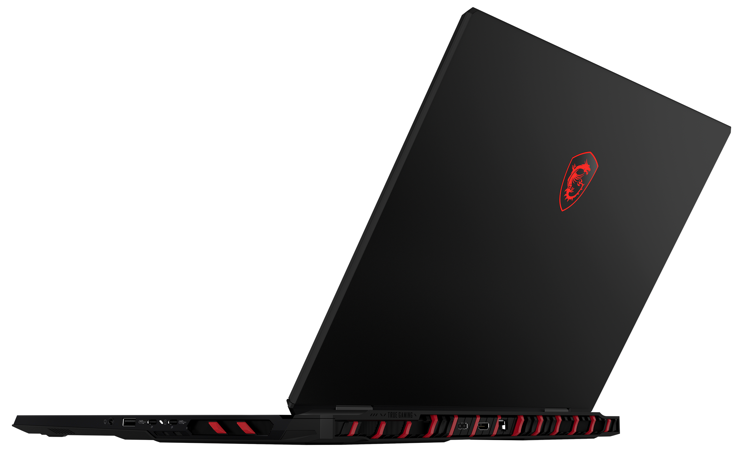 Schwarzer Laptop mit roten Akzenten, geöffnet. Der Deckel hat ein rotes Drachenlogo. Der Boden hat ein rot-schwarzes Design. Der Hintergrund ist schwarz.