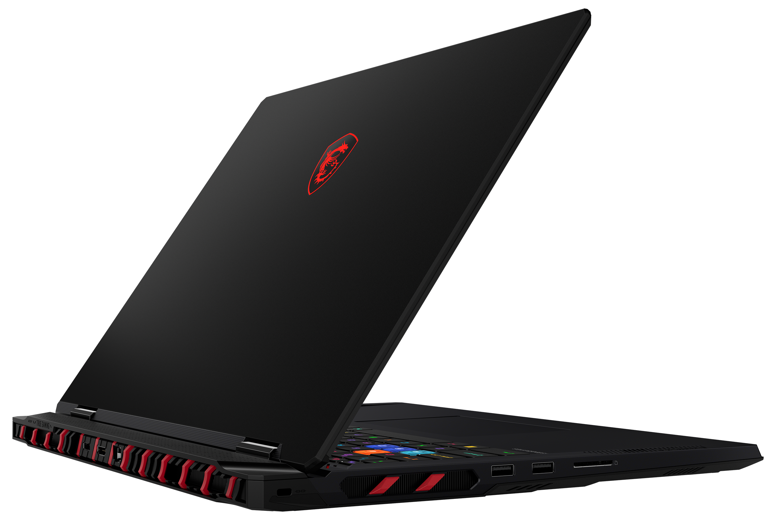 Schwarzer Laptop mit roten Akzenten, geöffnet. Drachenlogo auf dem Deckel. Die Tastatur hat bunte Tasten. Schwarzer Hintergrund.