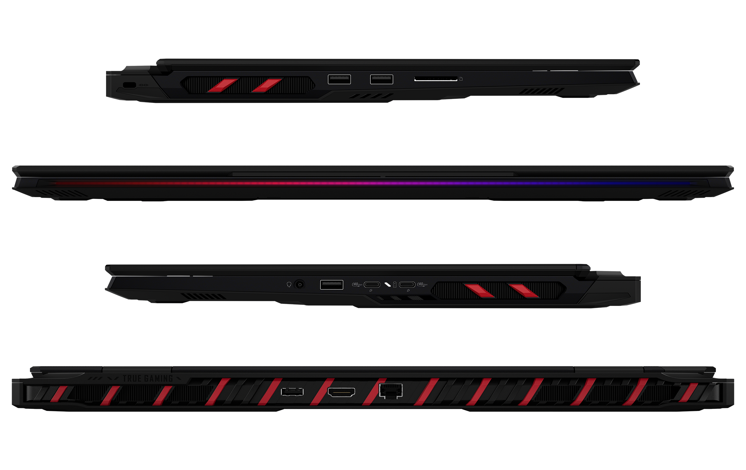 Schwarzer Laptop, Seitenansichten. Merkmale rote Akzente, Anschlüsse und eine Lichtleiste. Enthält USB, HDMI und Stromanschlüsse.
