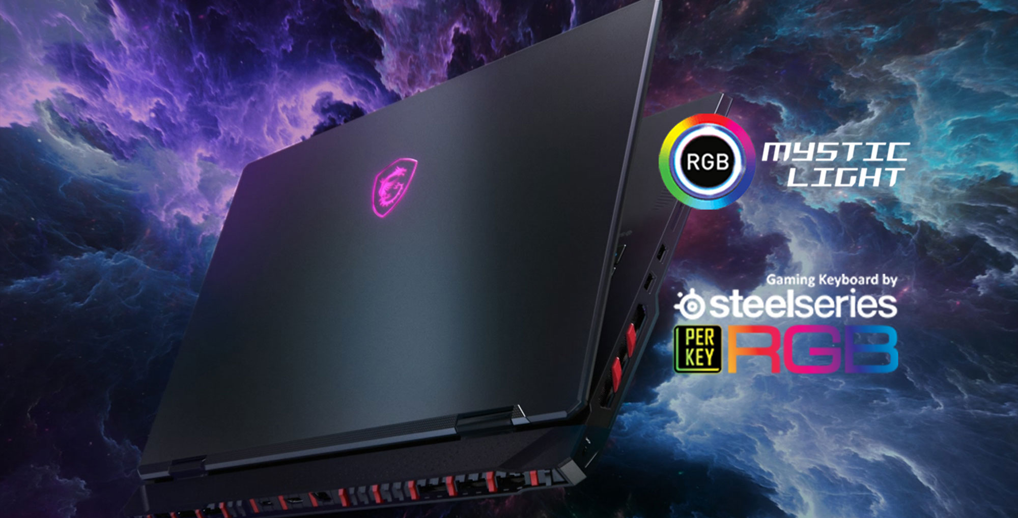 Schwarzer MSI-Laptop mit RGB-Akzenten vor einem Nebelhintergrund. Mit Mystic Light, Steelseries-Tastatur und RGB-Logo.